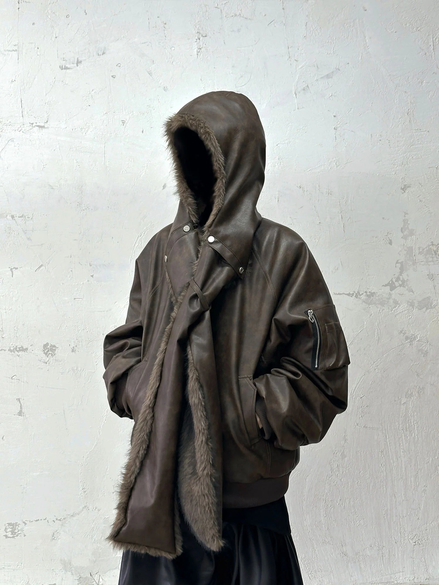 RELABEL Detachable Plush Scarf Ruched Hooded Jacket Brown