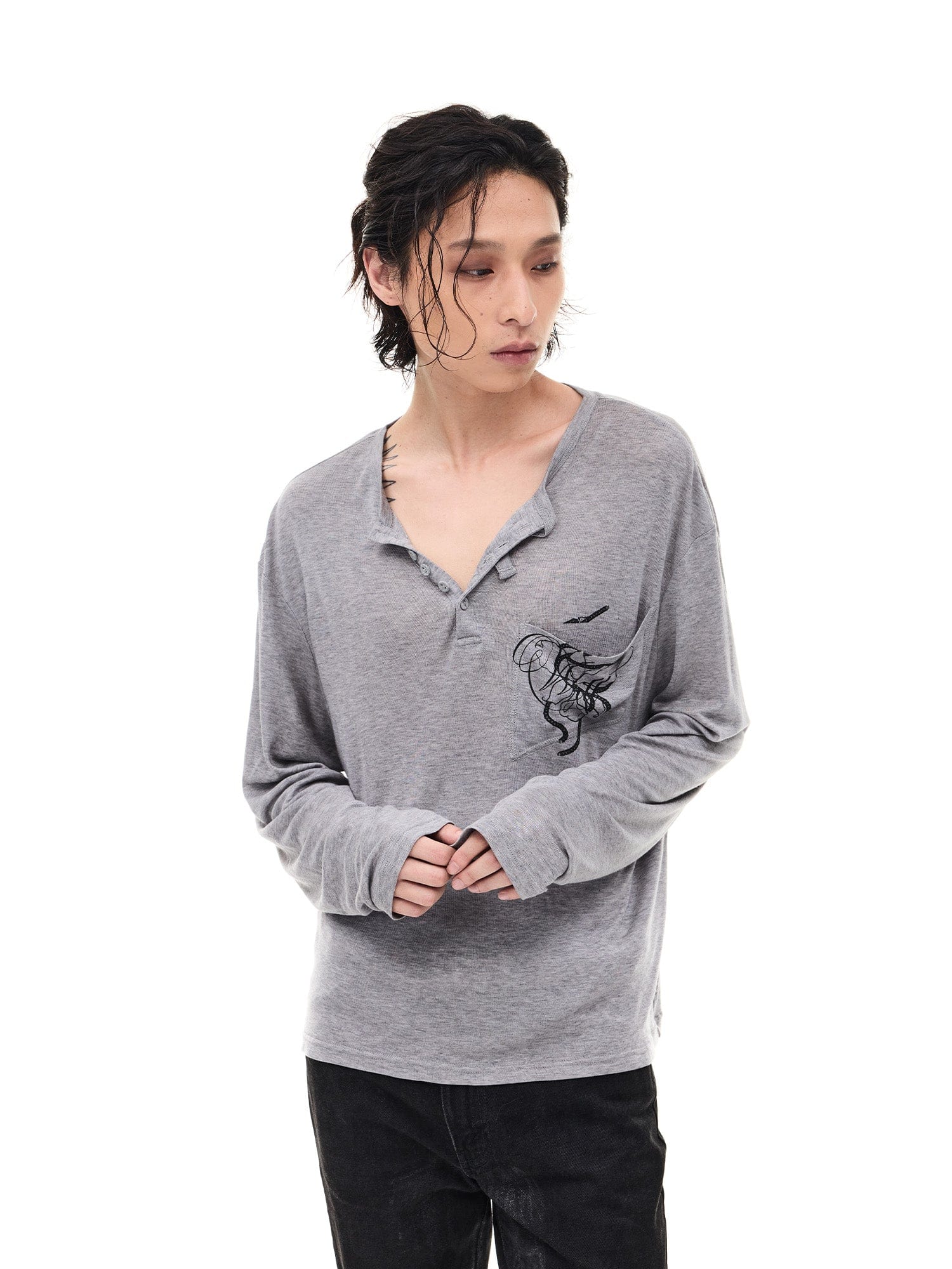 WHISTLEHUNTER Merino-Tencel Henley Graphic Long-Sleeve Tee