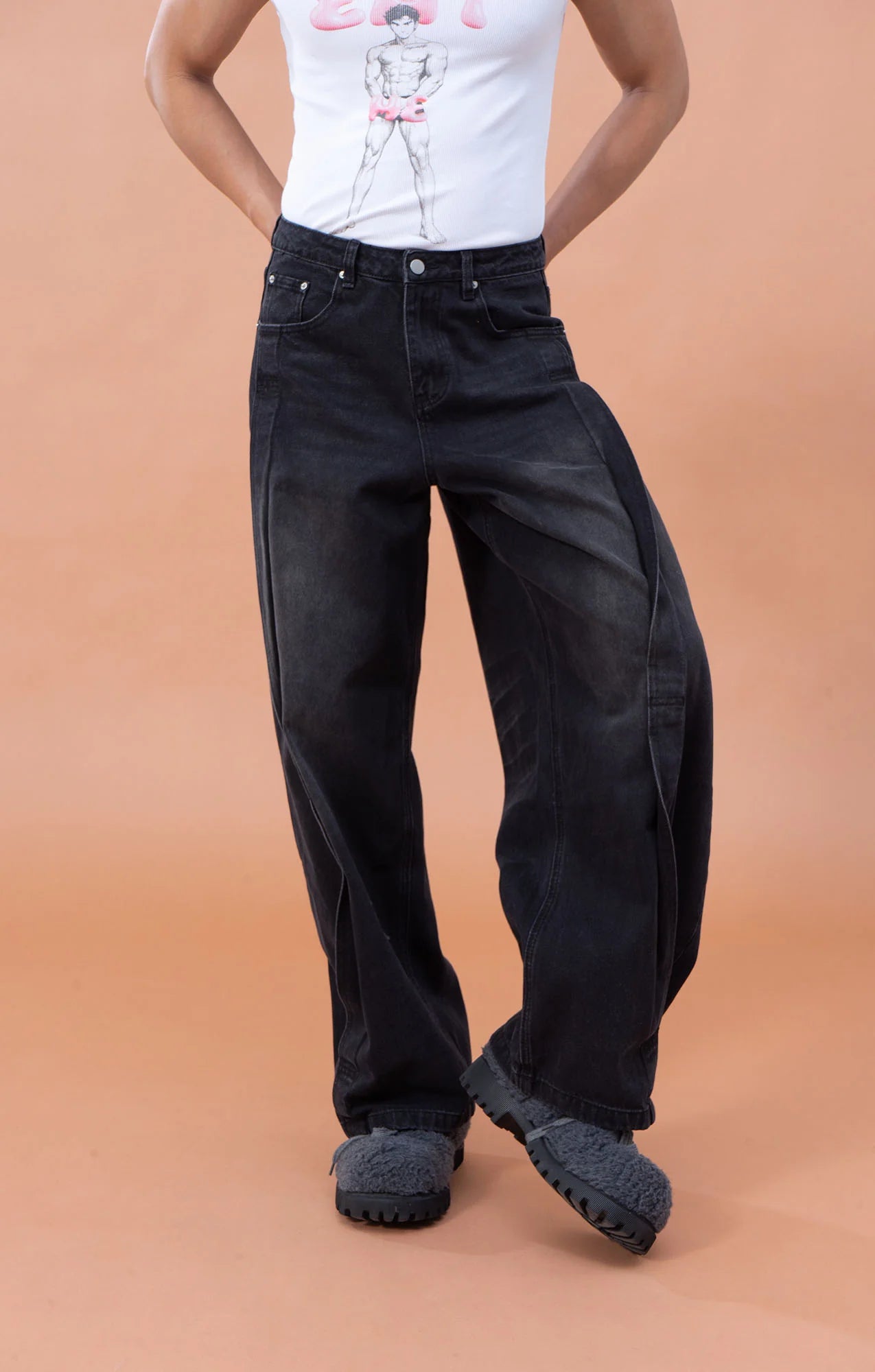 CLP Pleated Knee Wide-Leg Denim Pants