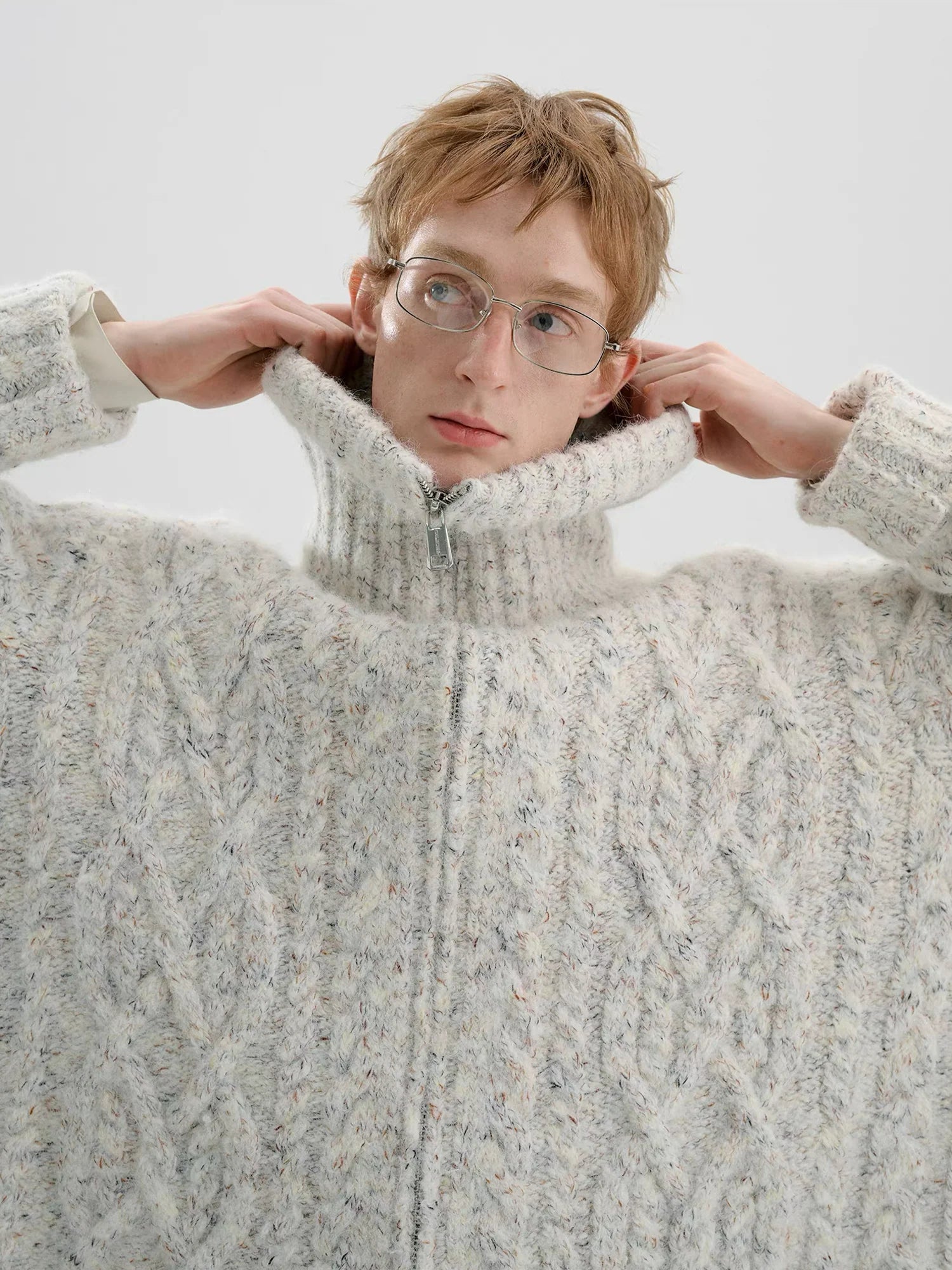 TIWILLTANG Dual-Zipper Cable Knit Funnel Sweater