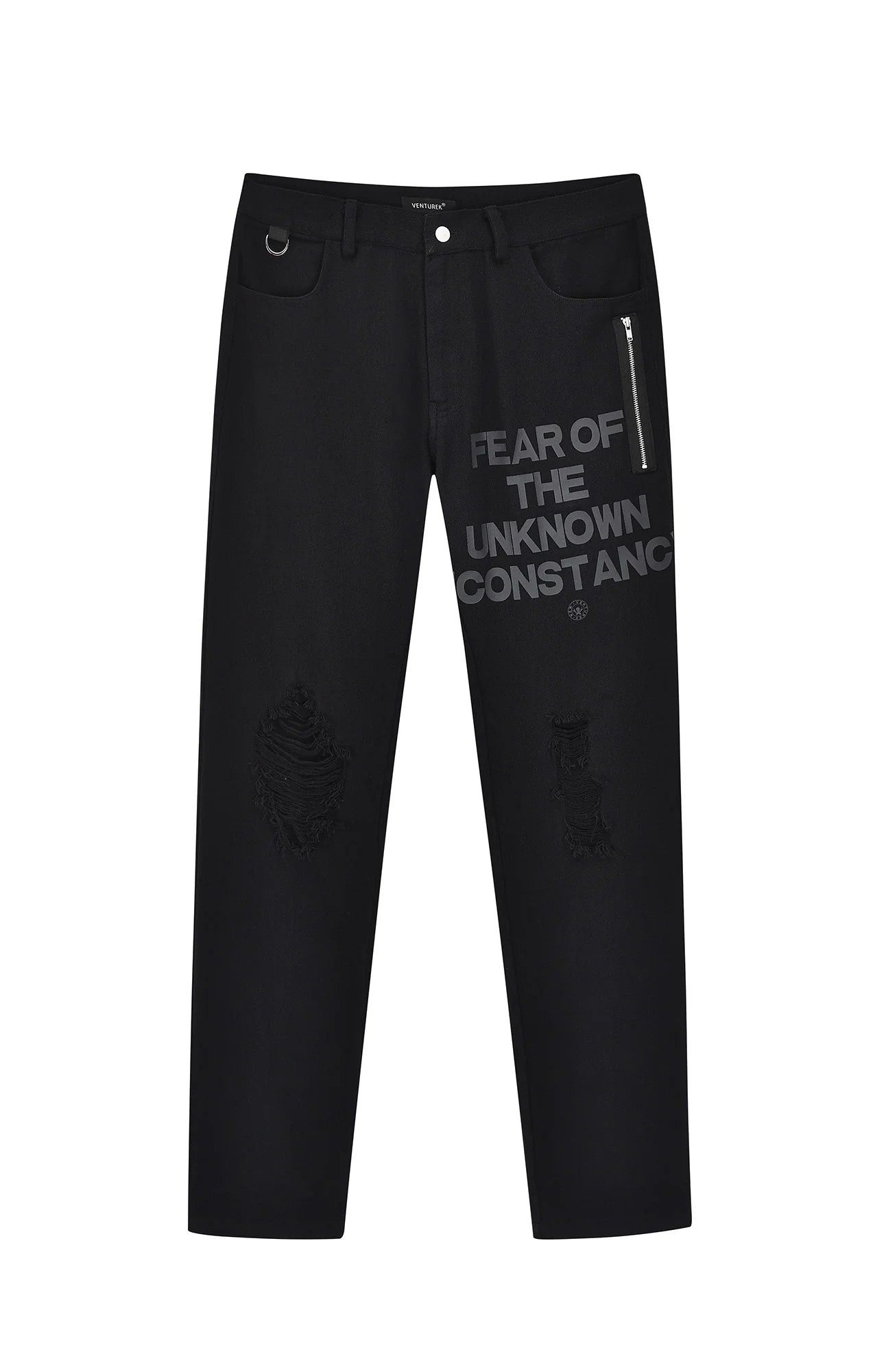 VENTUREK Distressed Zippered-Hem Slogan Slim Pants
