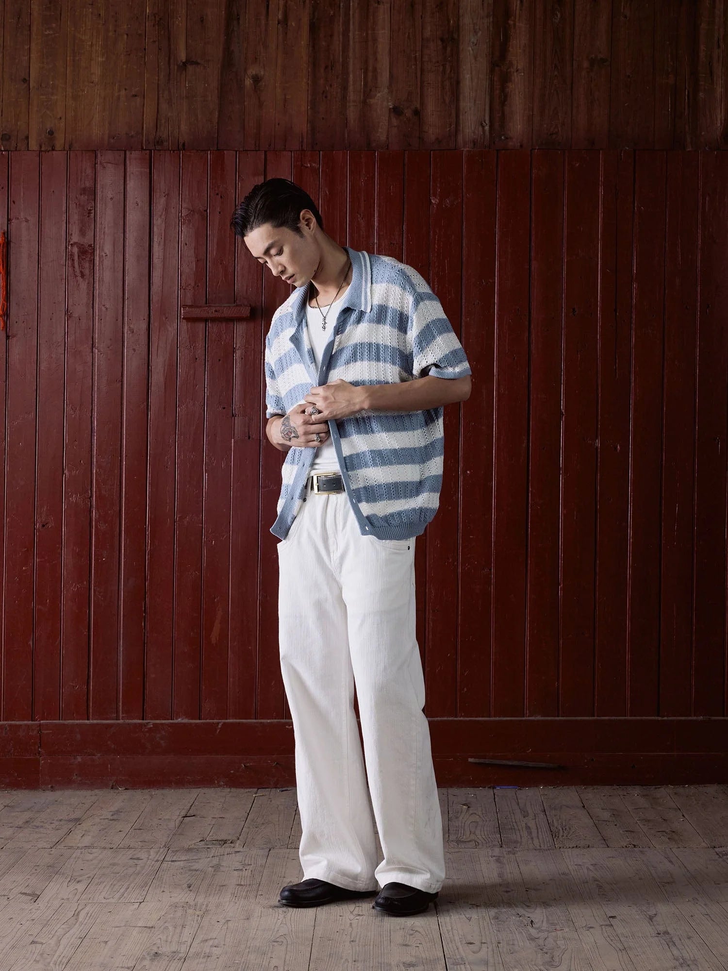 IN EXISTENCE Striped Openwork Jacquard Knitted Polo Cardigan