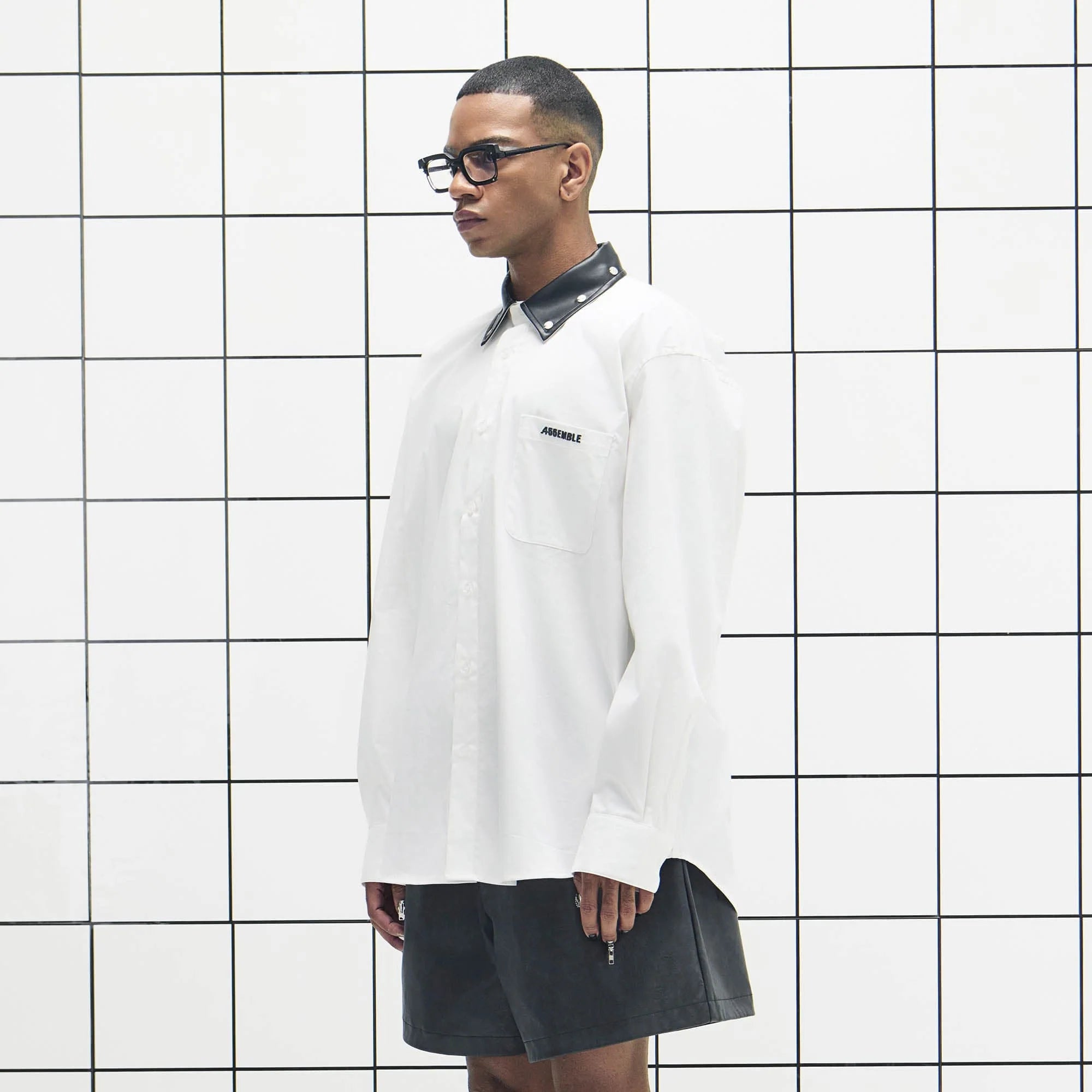 455EMBLE Faux Leather Collar Snap-Fastener Shirt