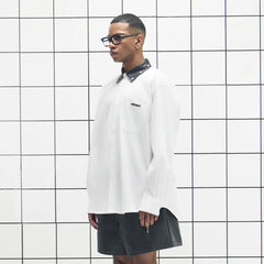 455EMBLE Faux Leather Collar Snap-Fastener Shirt