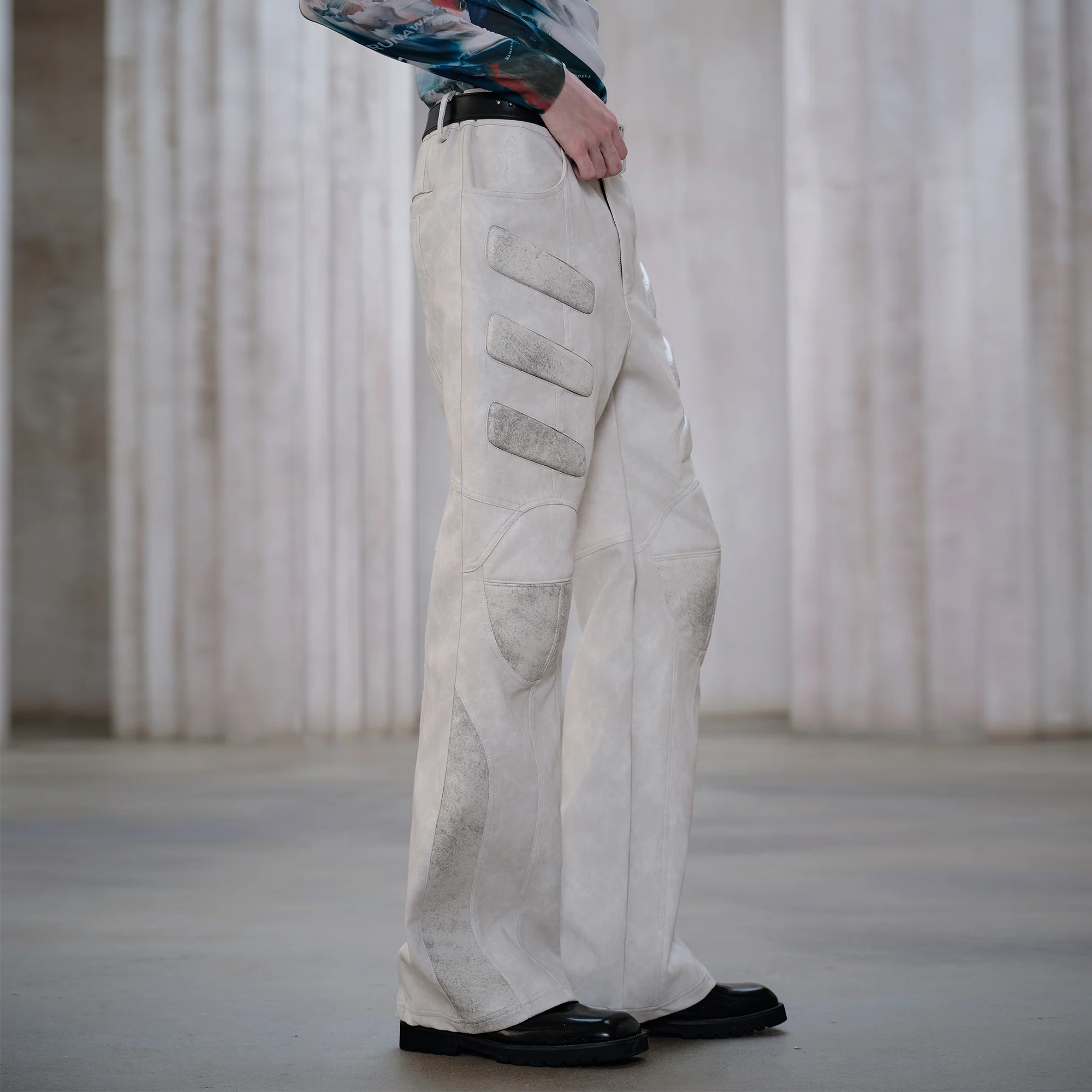 FACEONLAB Panel Armored Faux Leather Biker Pants White