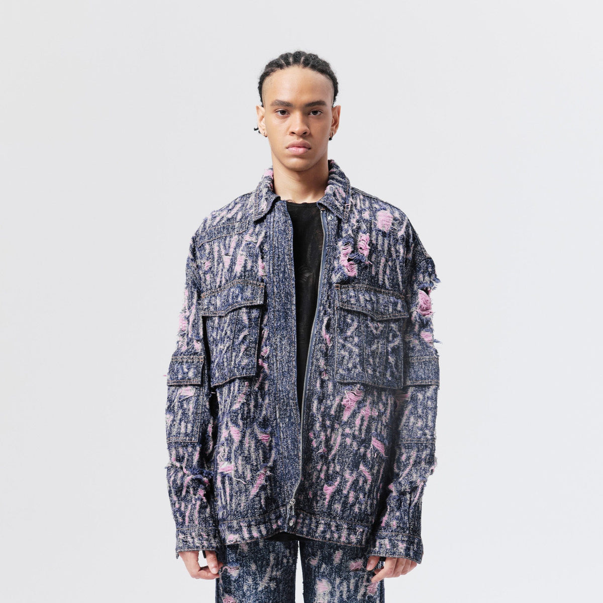 VANN VALRENCE Distressed Embroidered Multi-Pockets Denim Jacket