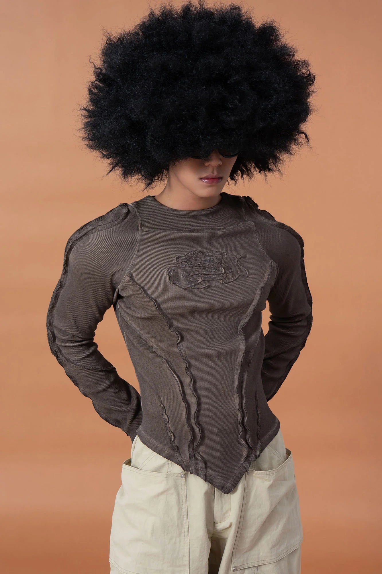 CLP Distressed Raw-Seam Paneled Long-Sleeve Tee