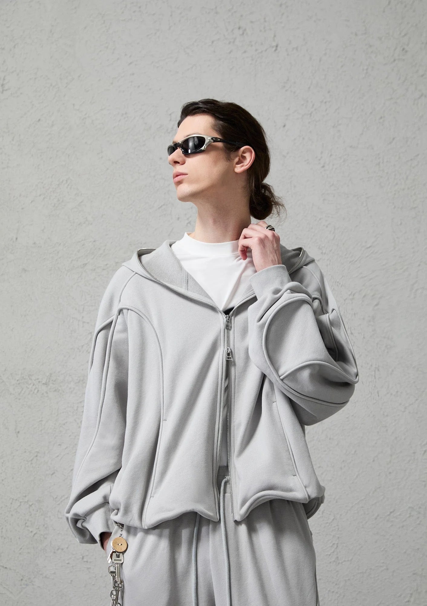 ORGANIC EMOTION Curved Panel Drawstring-Hem Zip-Up Hoodie