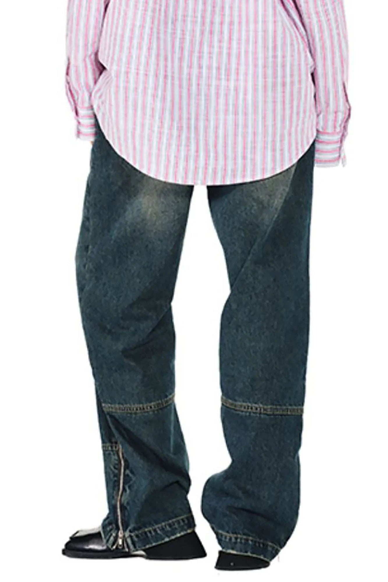OVERLAPS Washed Knee-Seam Zippered Hem Jeans
