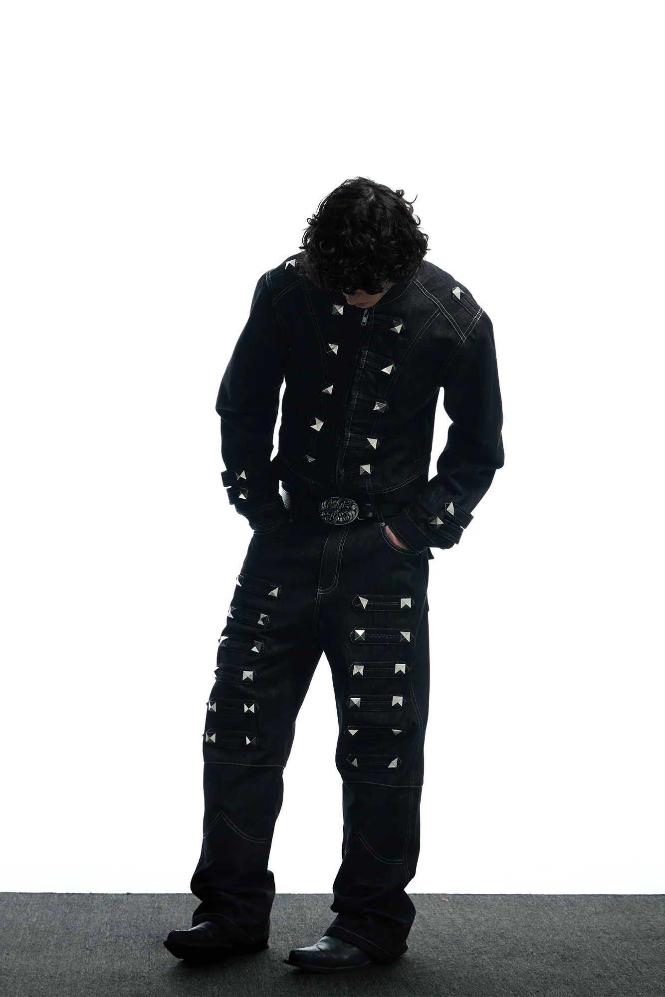 DND4DES Studded Stand Collar Raw Denim Jacket