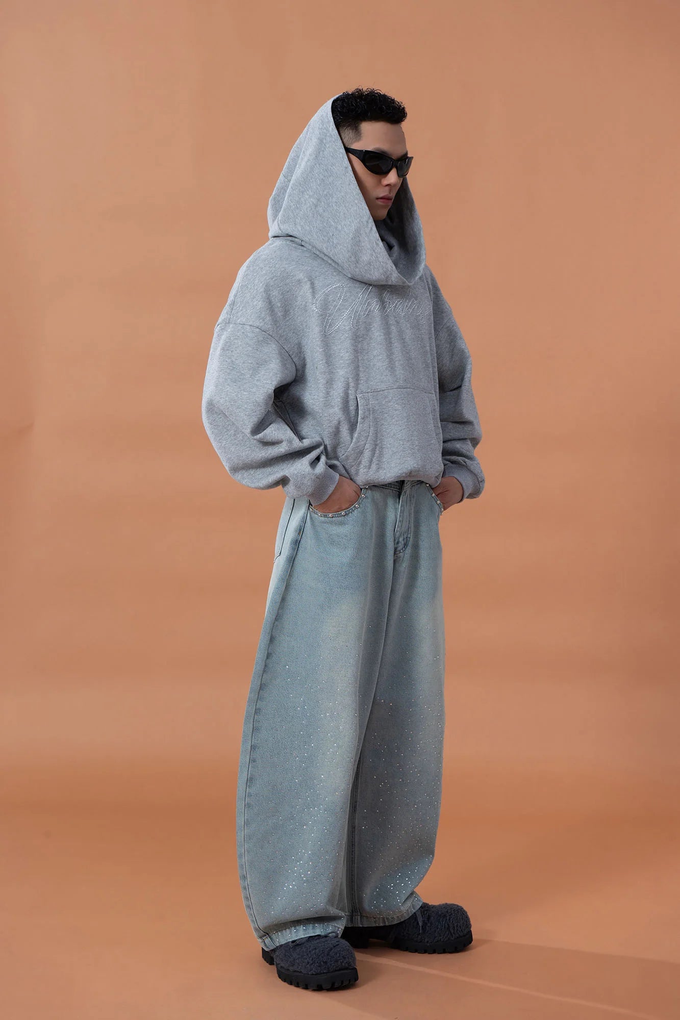 CLP Oversized Cowl-Hood Pearl-Stud Hoodie