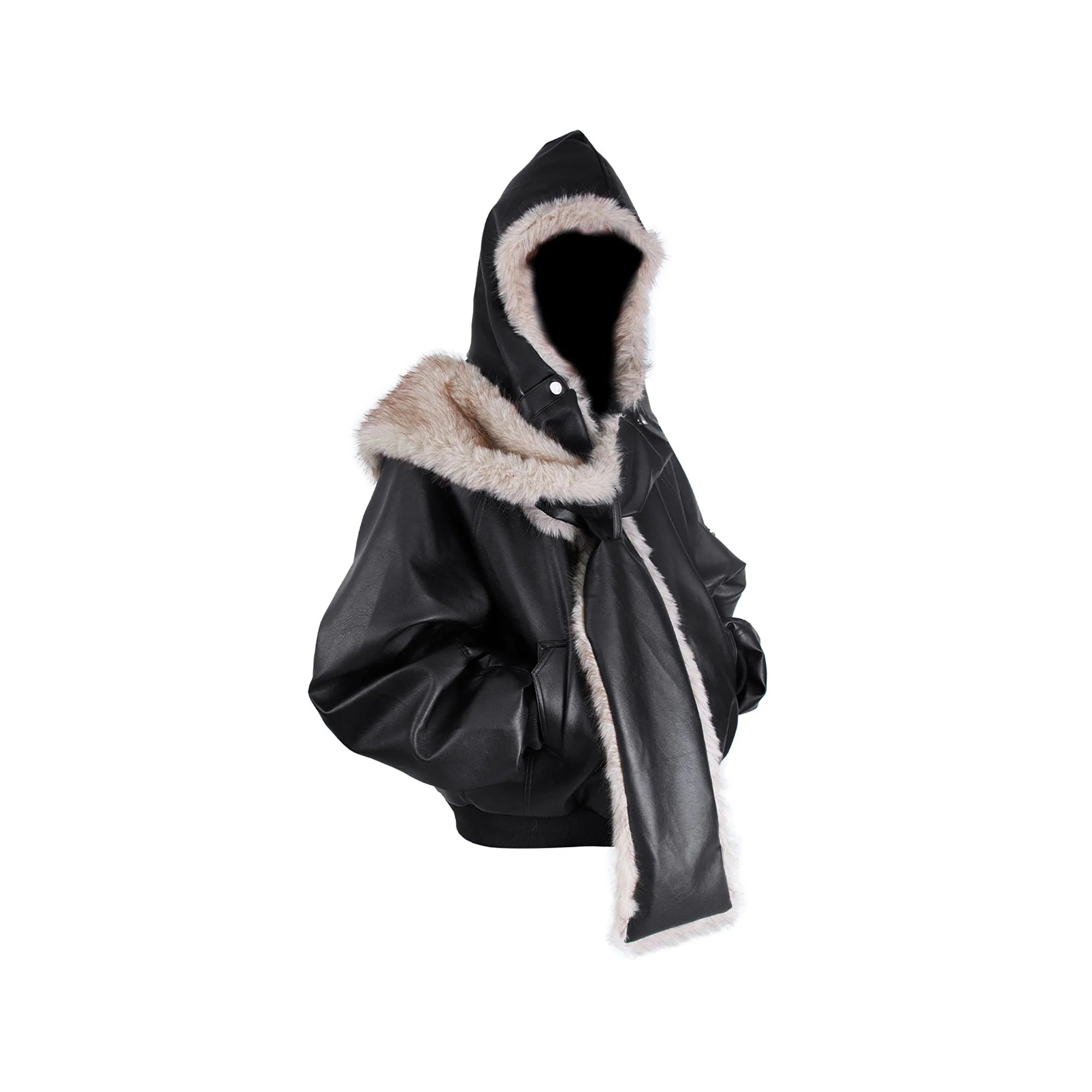 RELABEL Detachable Plush Scarf Ruched Hooded Jacket Black