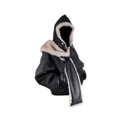 RELABEL Detachable Plush Scarf Ruched Hooded Jacket Black