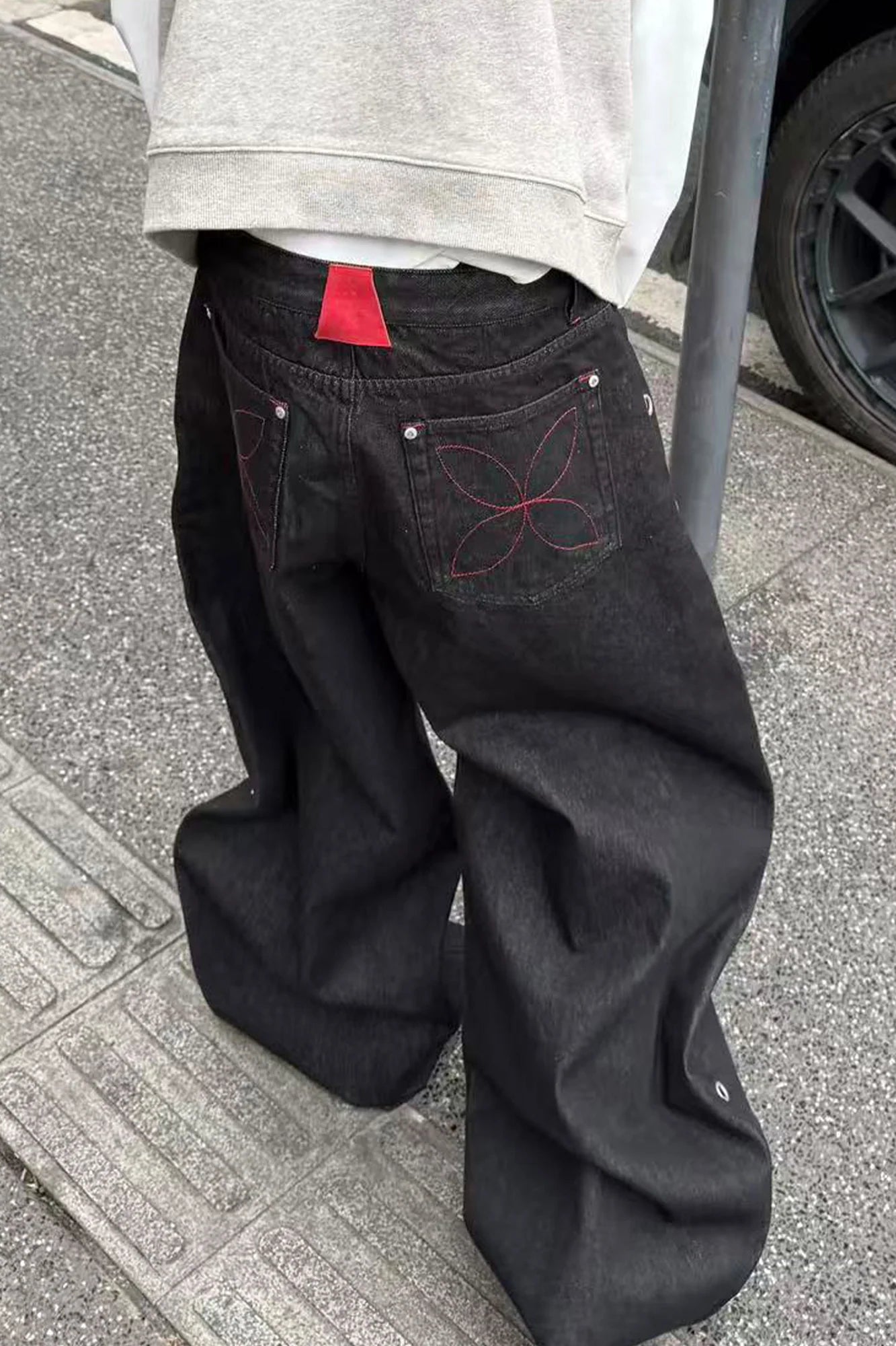 STEEPC Grommet Snap-Fly Flared Raw Jeans