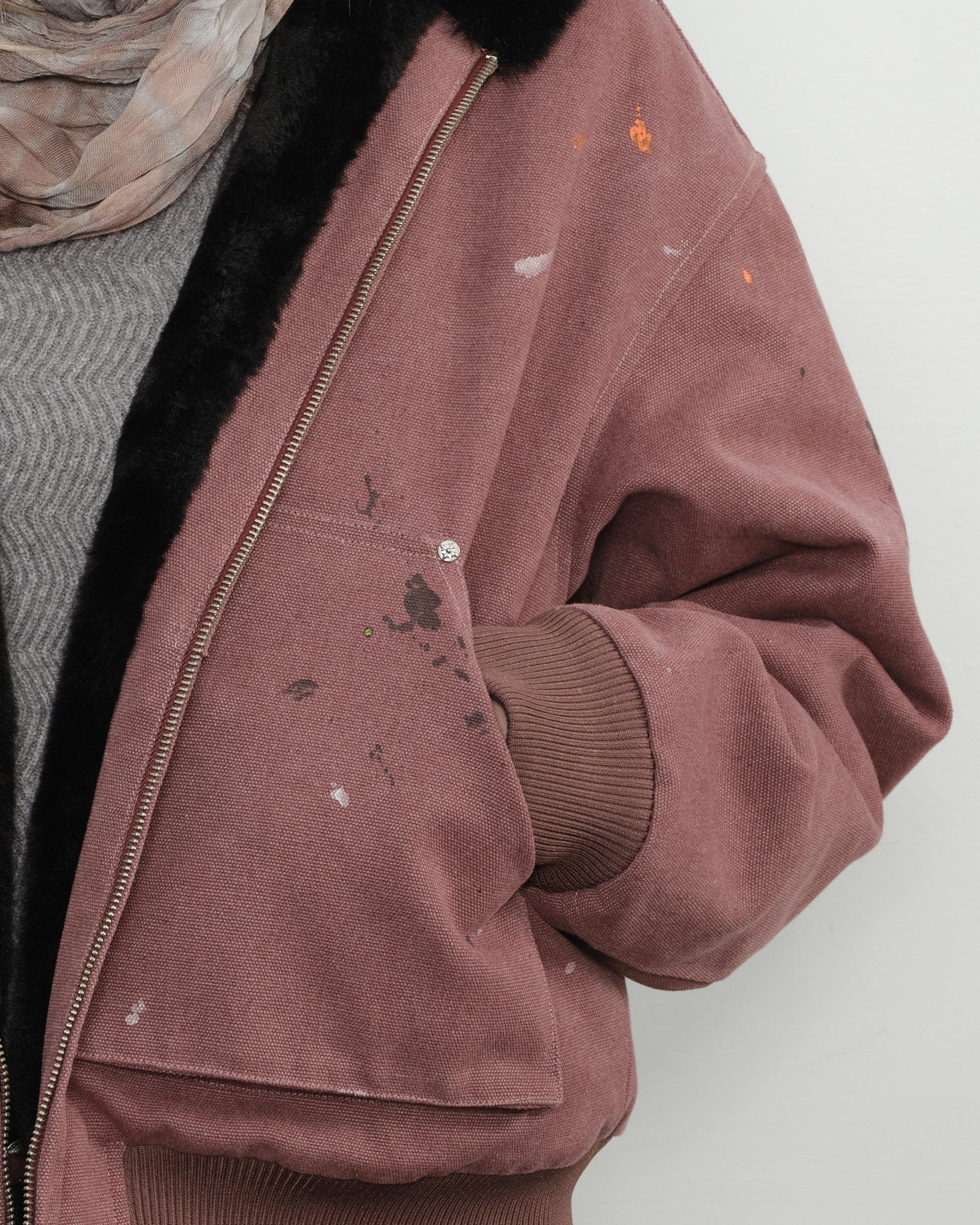 KREATE Rivet Zipper Paint-splattered Fleece-Lined Hooded Jacket