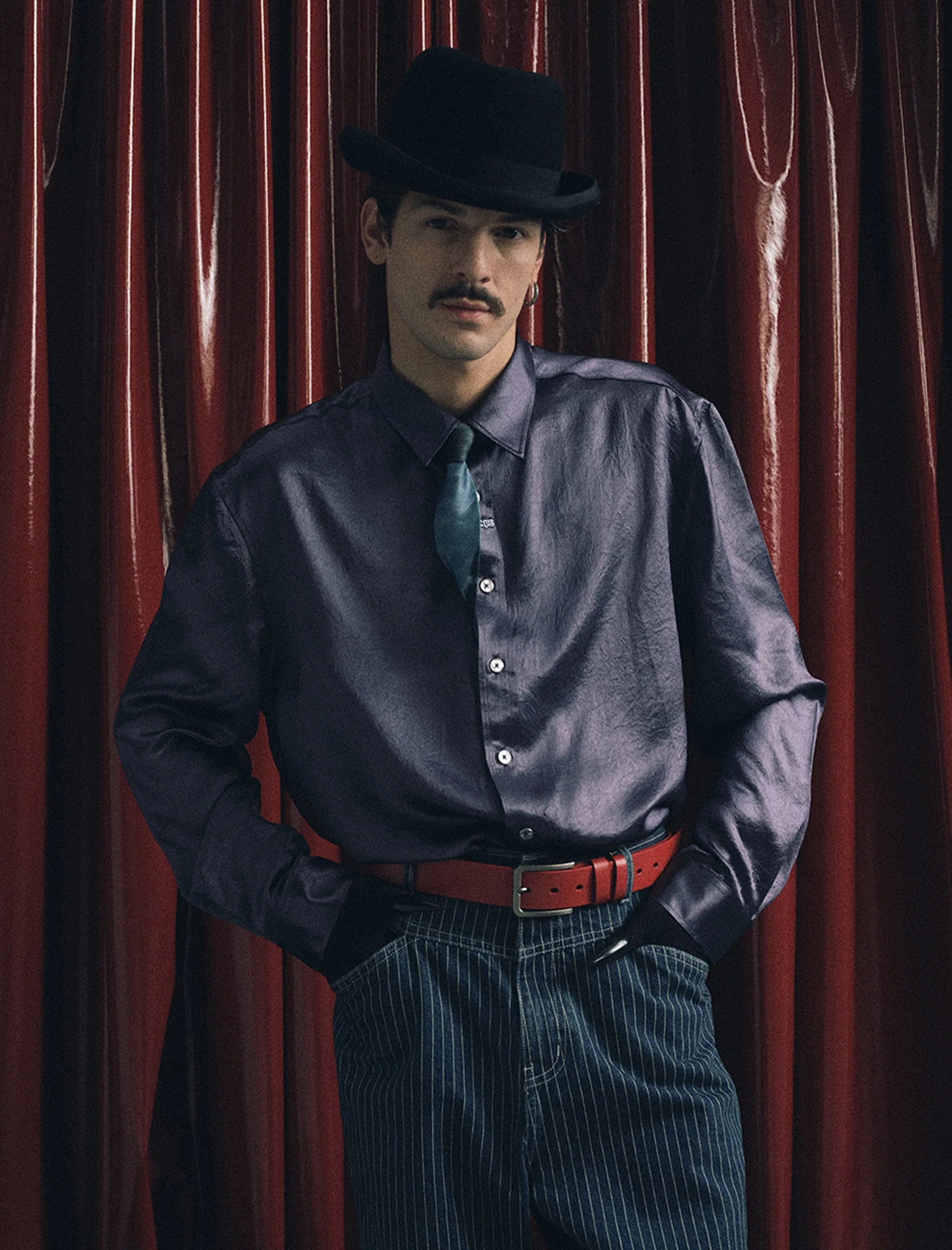 TRECLUB Glossy Embroidered-Placket Drapey Shirt