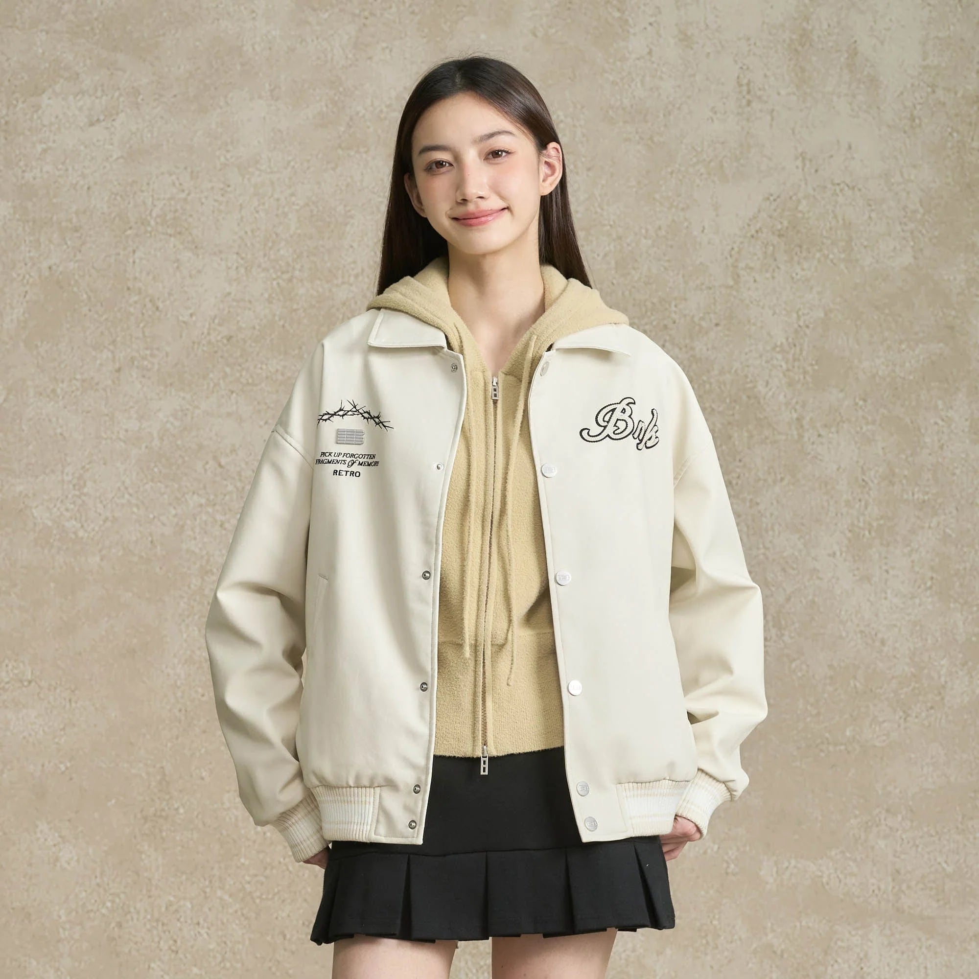 BONELESS Embroidered Logo PU Varsity Jacket