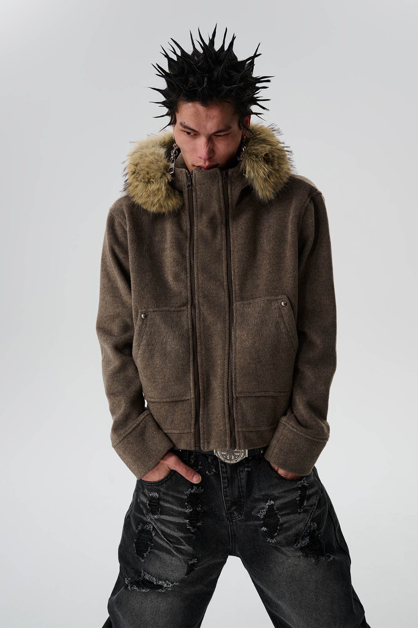 SAVAGEGROWTHWORLD Detachable Fur Collar Double-Zipper Coat
