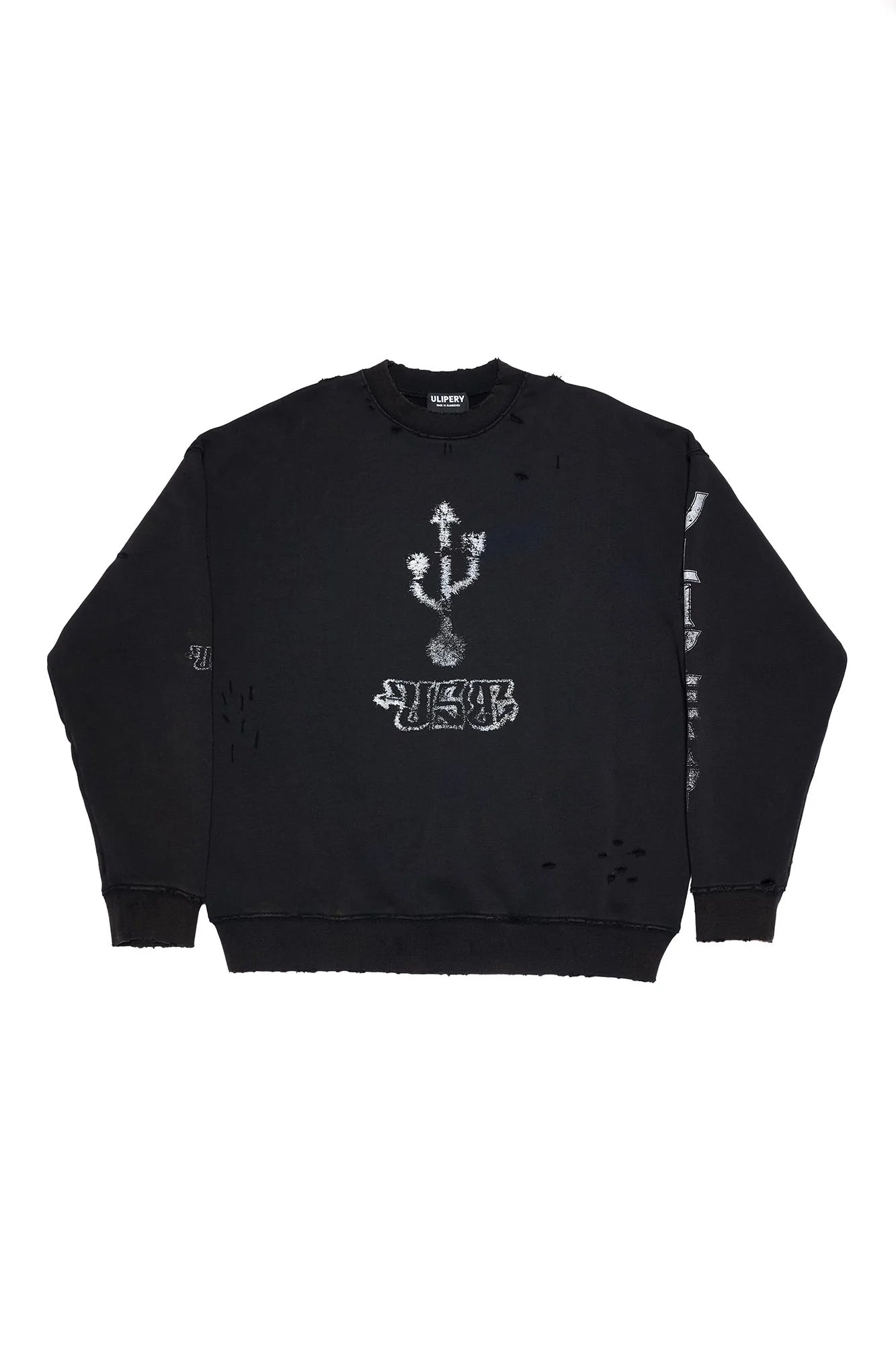 ULIPERY Distressed USB Graphic Long Sleeve Tee Black