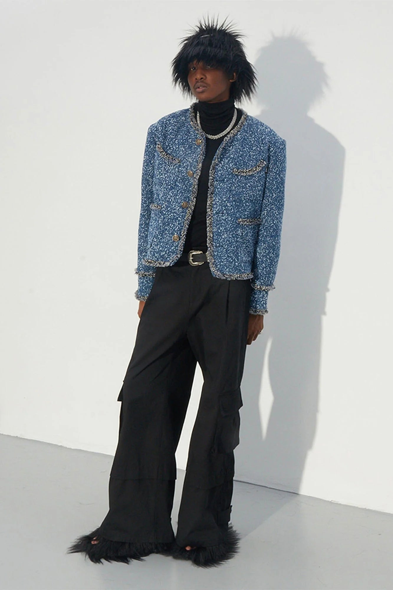 ASSEEN Washed Fringe Tweed Denim Jacket