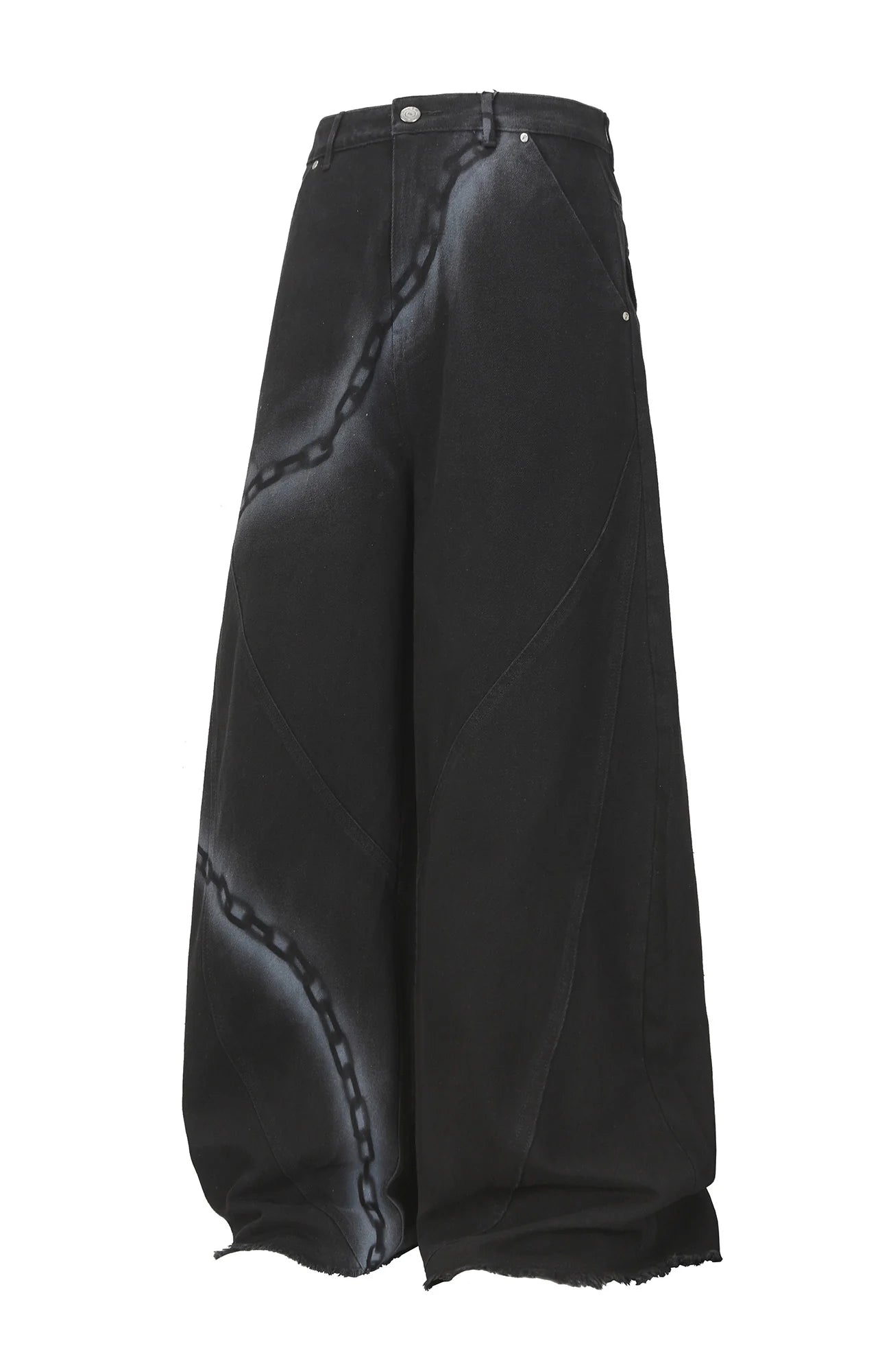 CLP Chain Graphic Frayed Curved-Leg Jeans