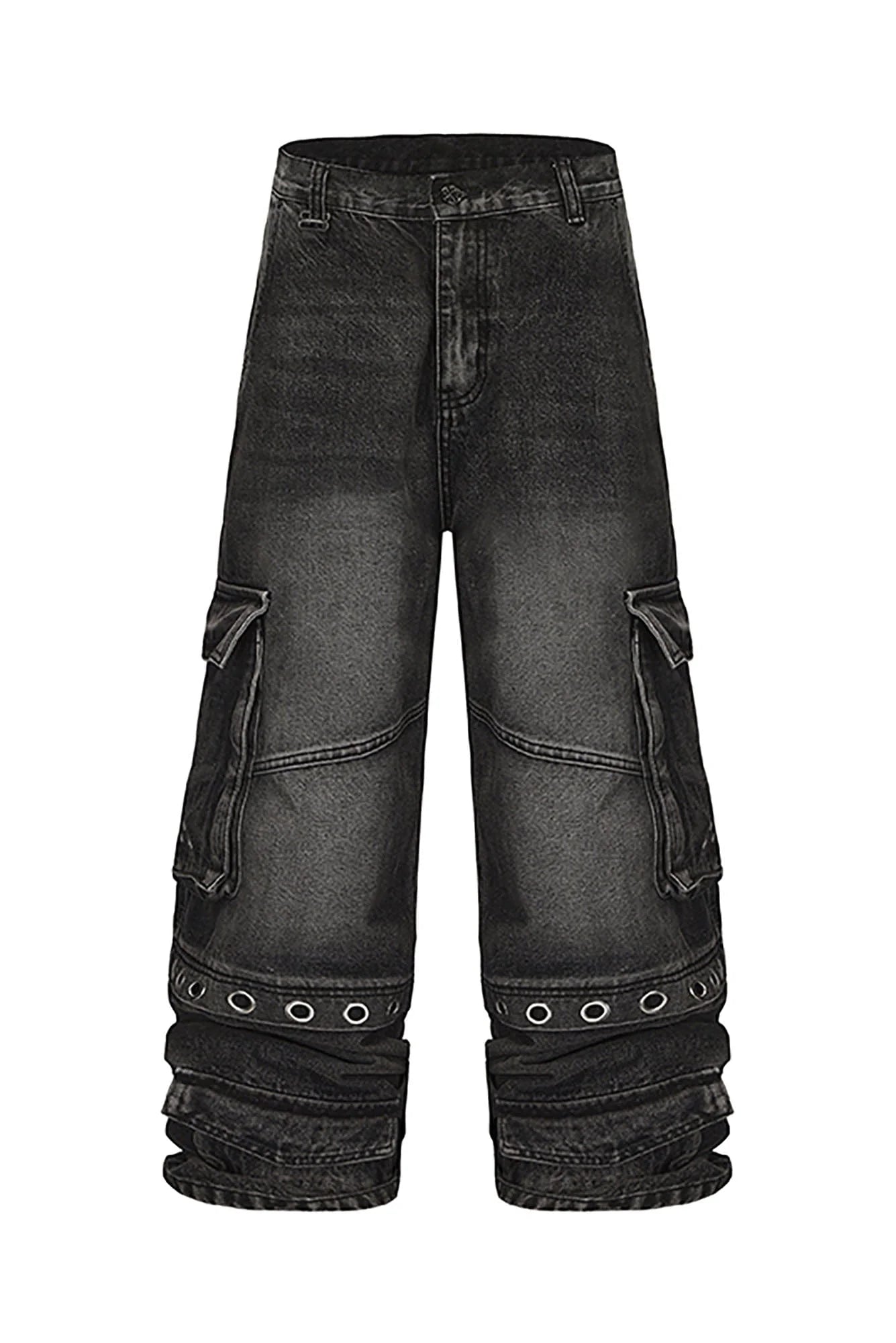 BLACK8MOB Washed Multi-Pocket Grommet Stacked Cargo Jeans
