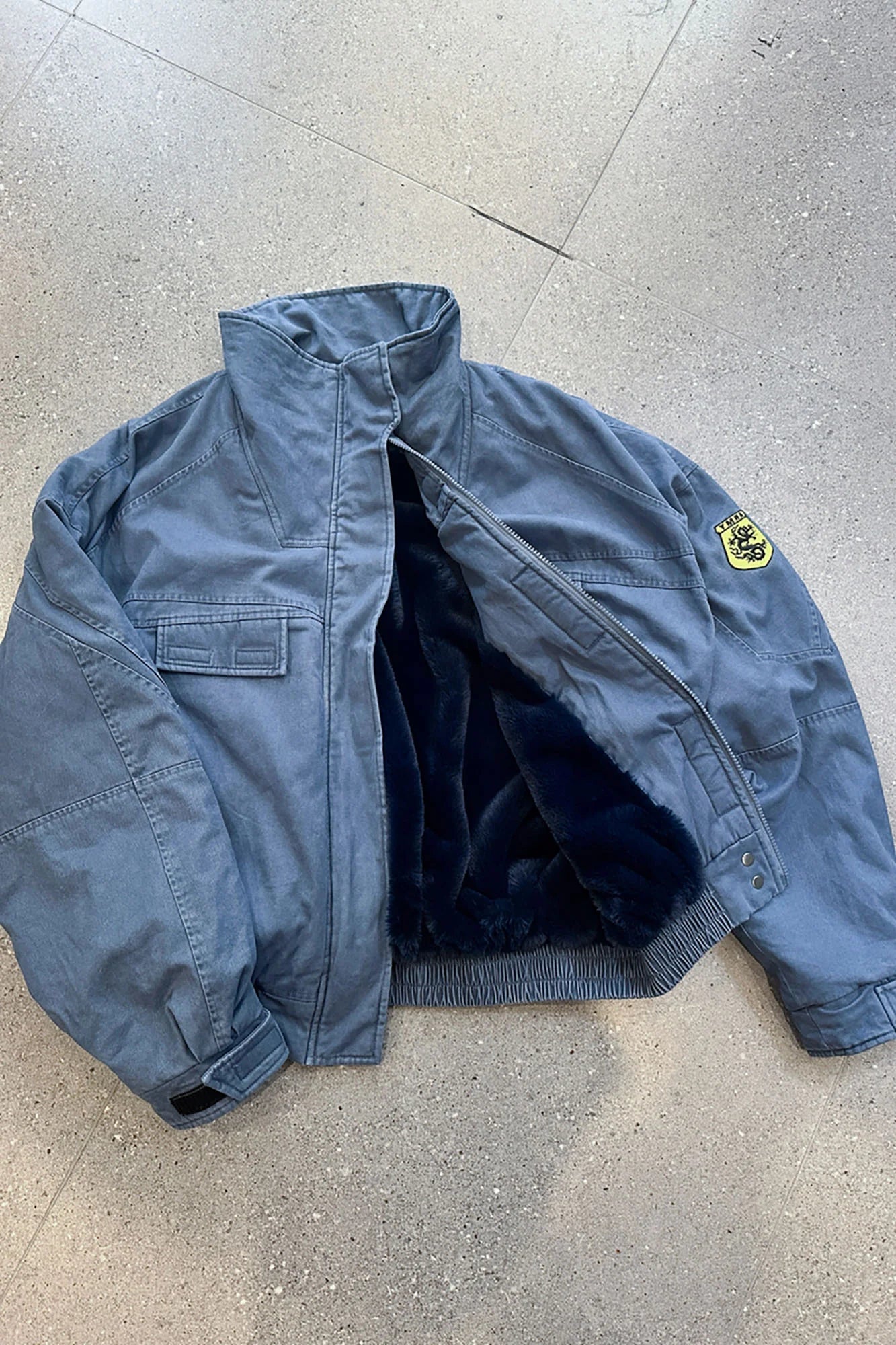 TRECLUB Washed Faux Fur Lined Bomber Jacket