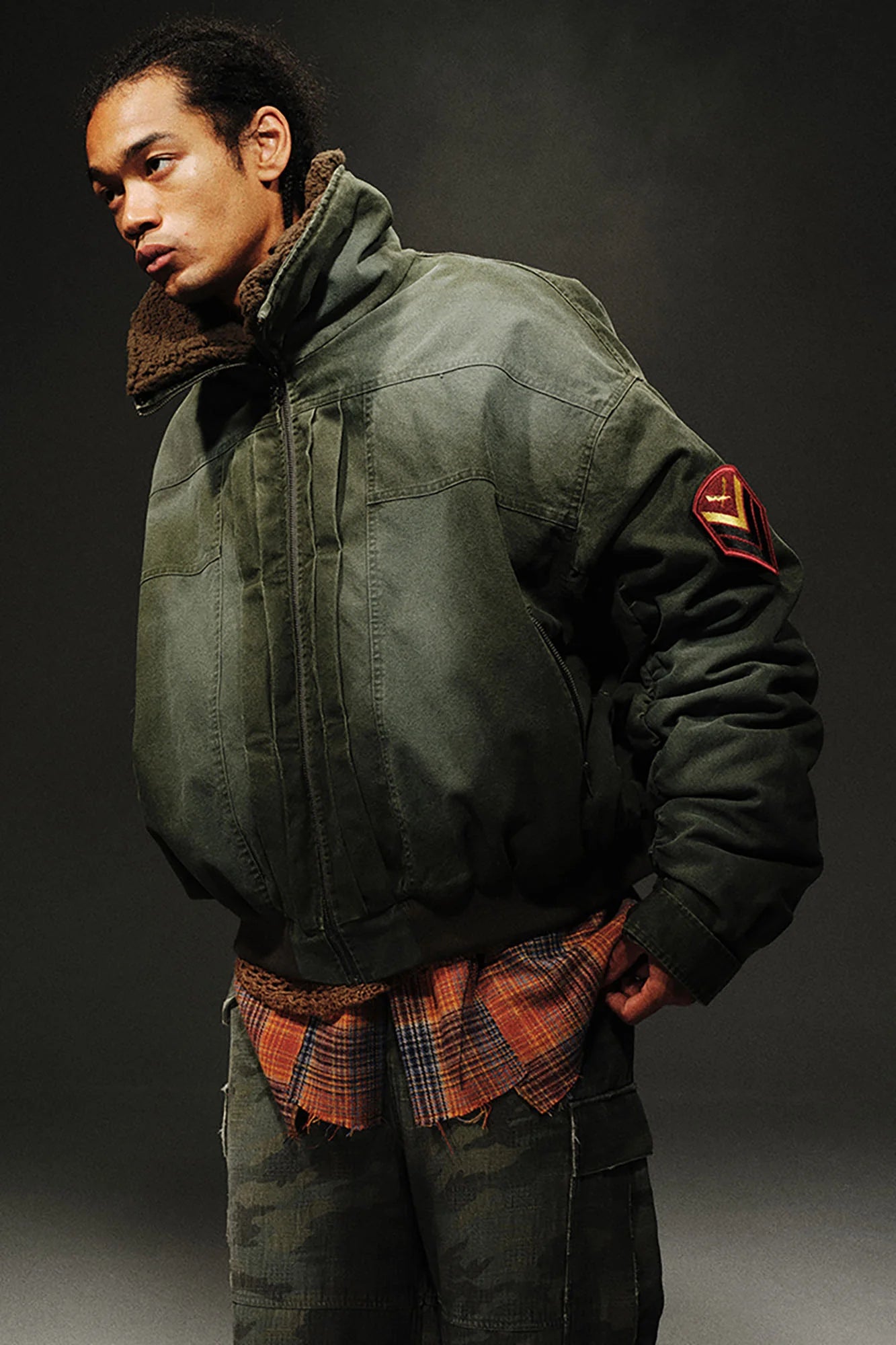 TRECLUB Distressed Patch Quilted Bomber