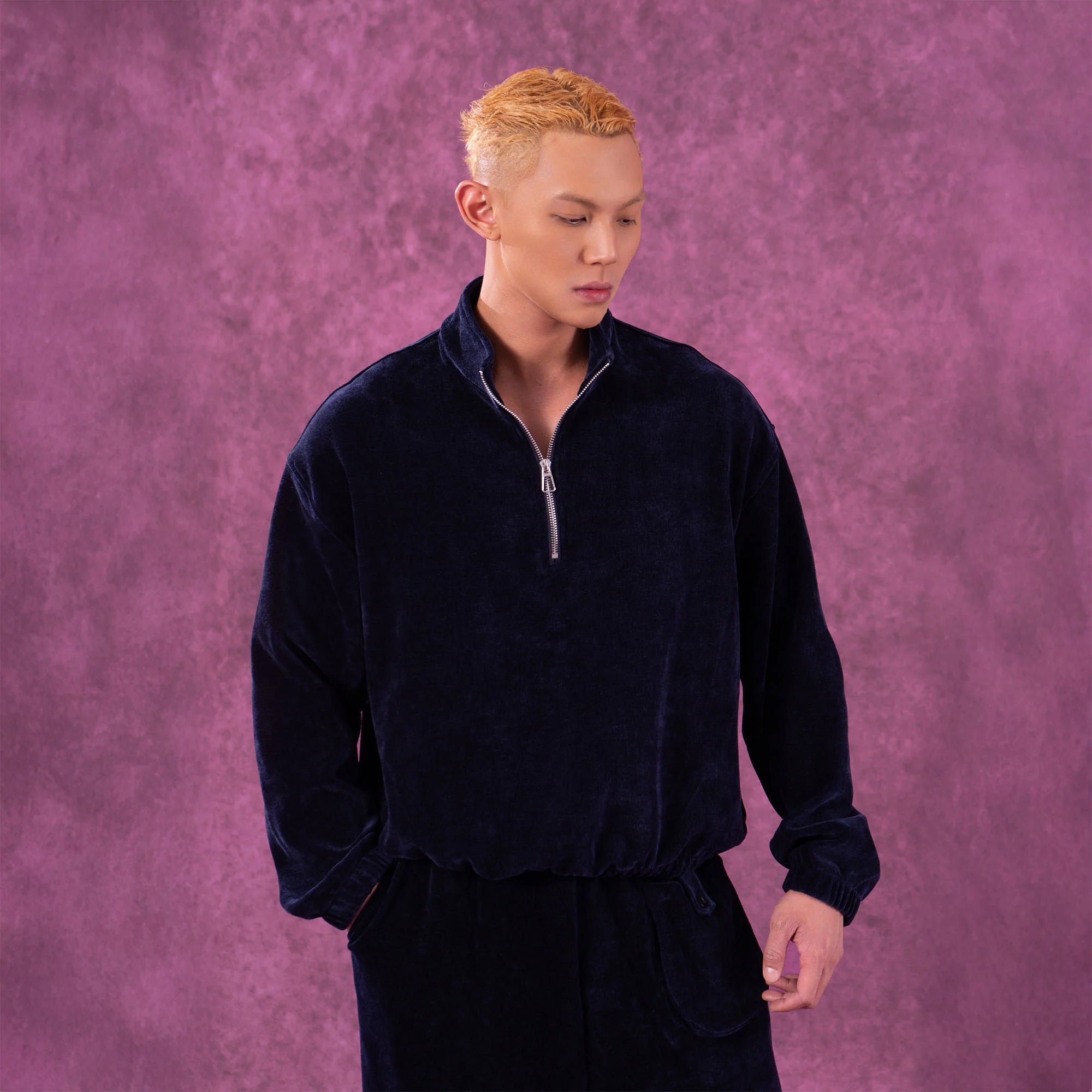 CLP Corduroy Elastic-Hem Half-Zip Pullover