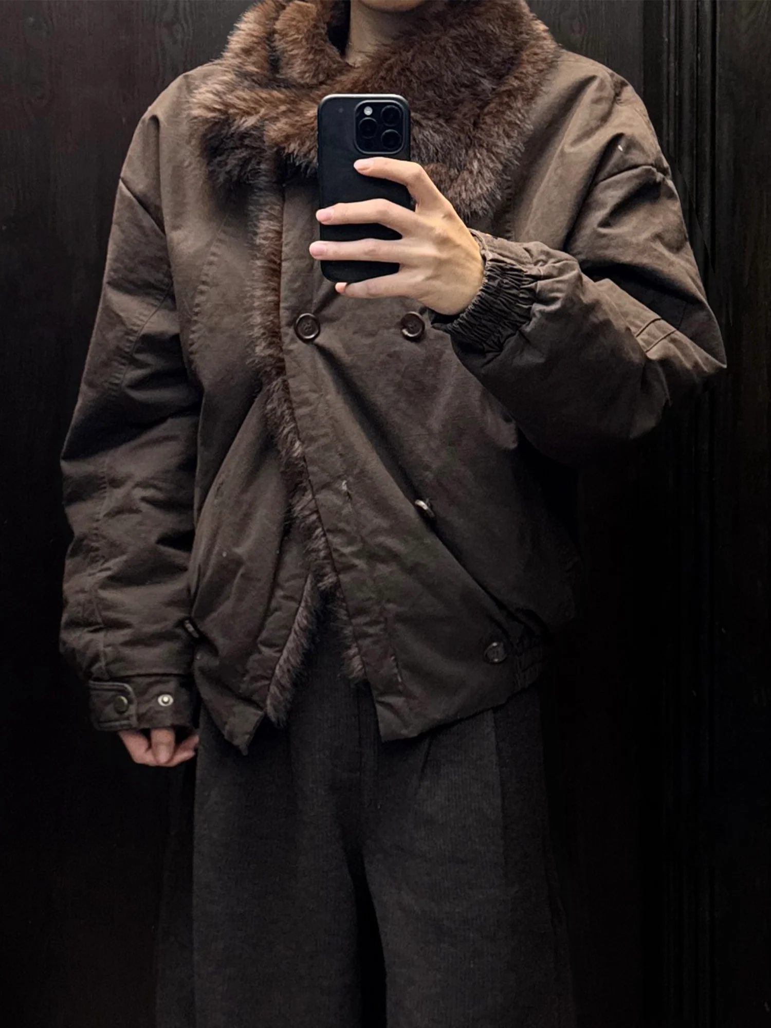 TRECLUB Double-Breasted Faux-Fur Lining Bomber Jacket