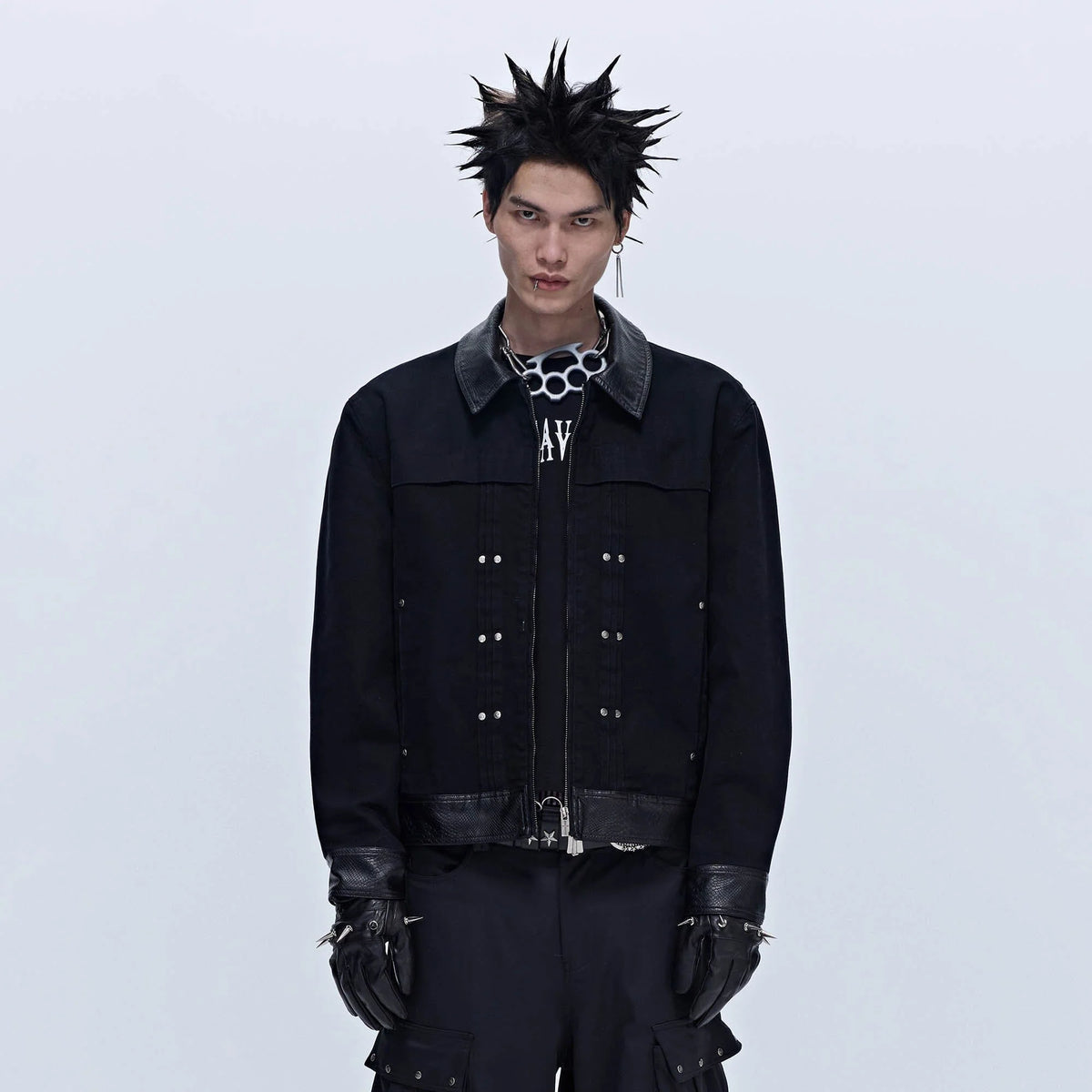 SAVAGEGROWTHWORLD Rivet Faux Leather Paneled Detroit Jacket