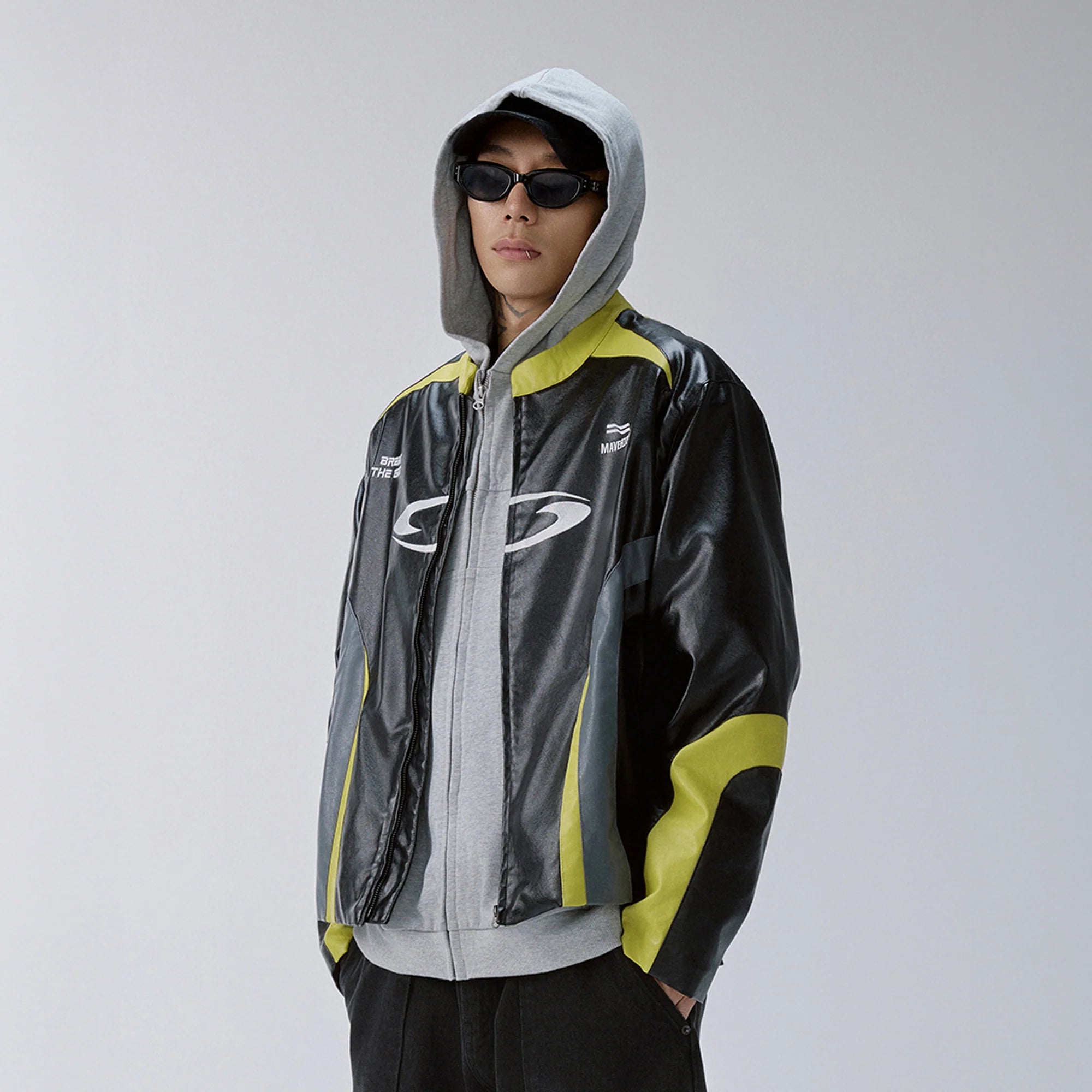 F2CE Contrast Panel Embroidered Moto Jacket