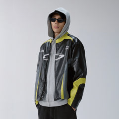 F2CE Contrast Panel Embroidered Moto Jacket