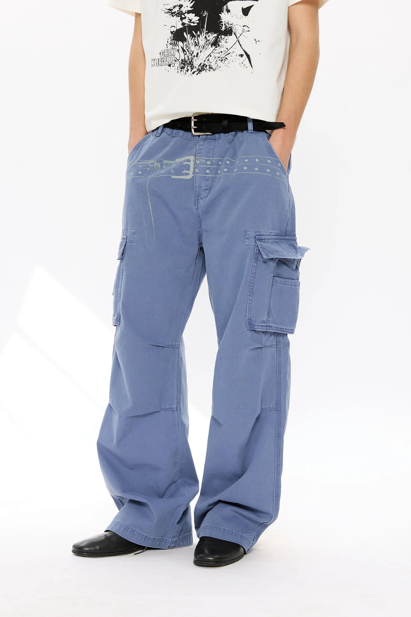 KREATE Washed Belt Graphic Crinkled Cargo Pants