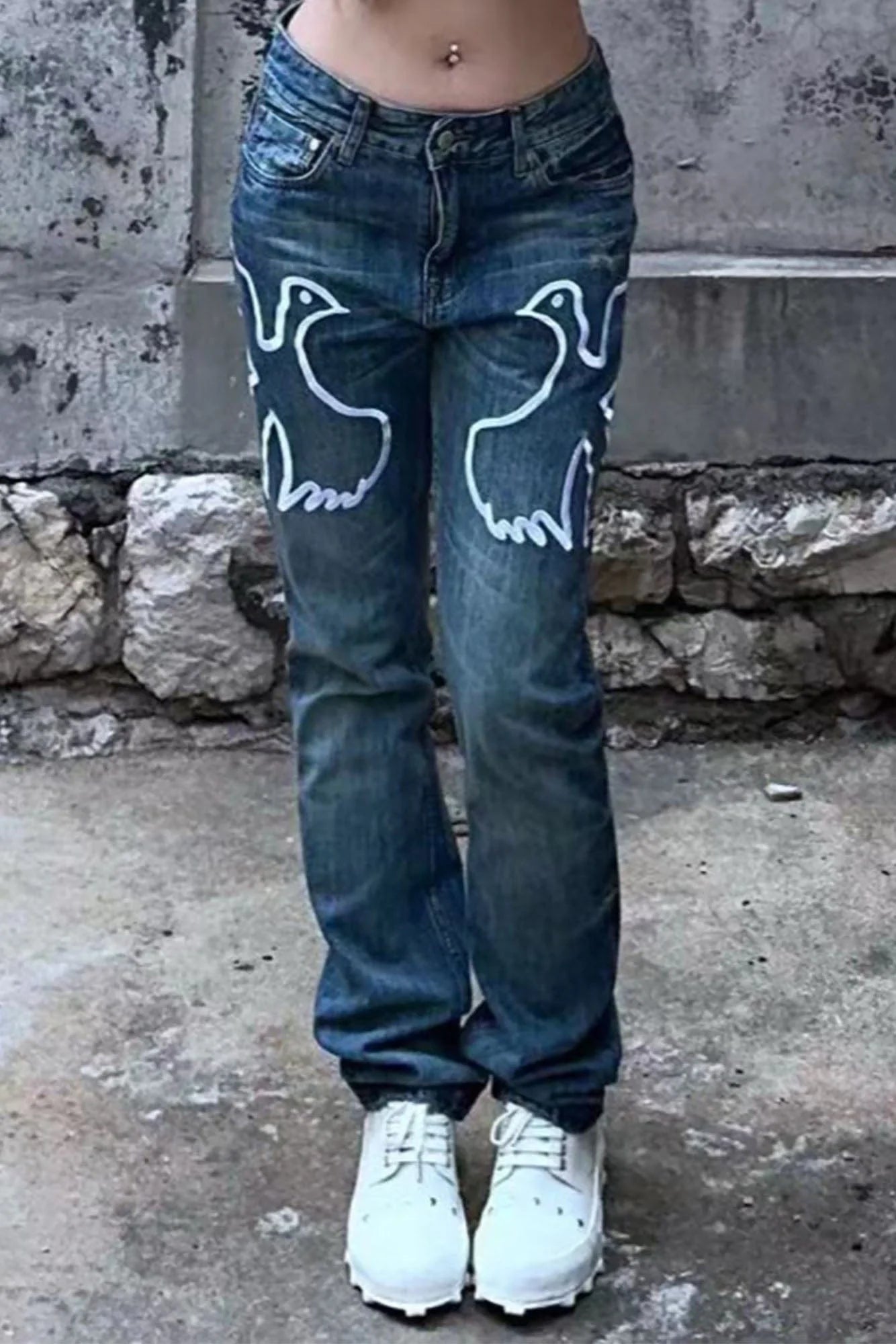 VINKID Dove Embroidered Distressed Stacked Jeans