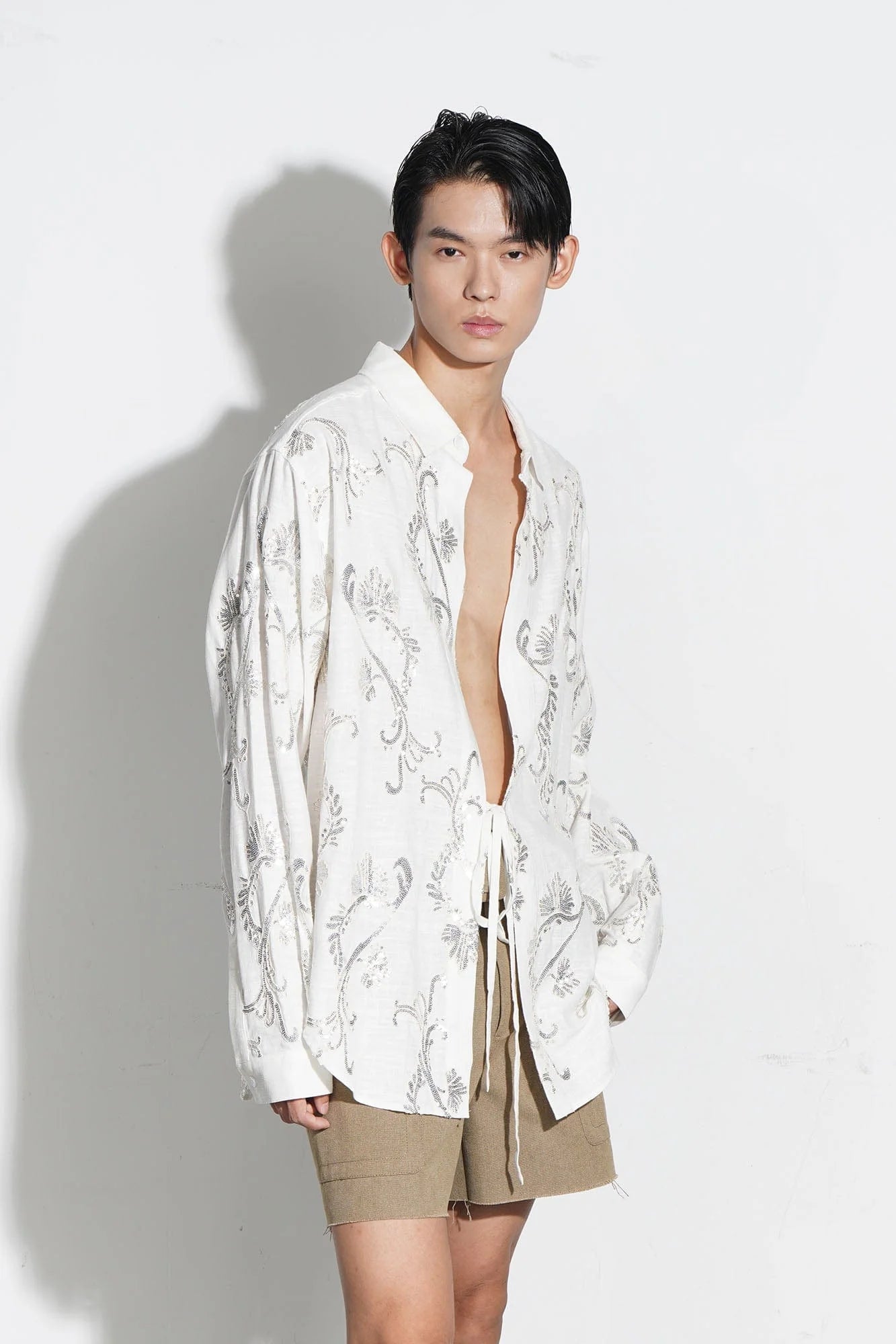 ORAL UTOPIA Ornate Sequin Embroidered Linen-Blended Tie Shirt
