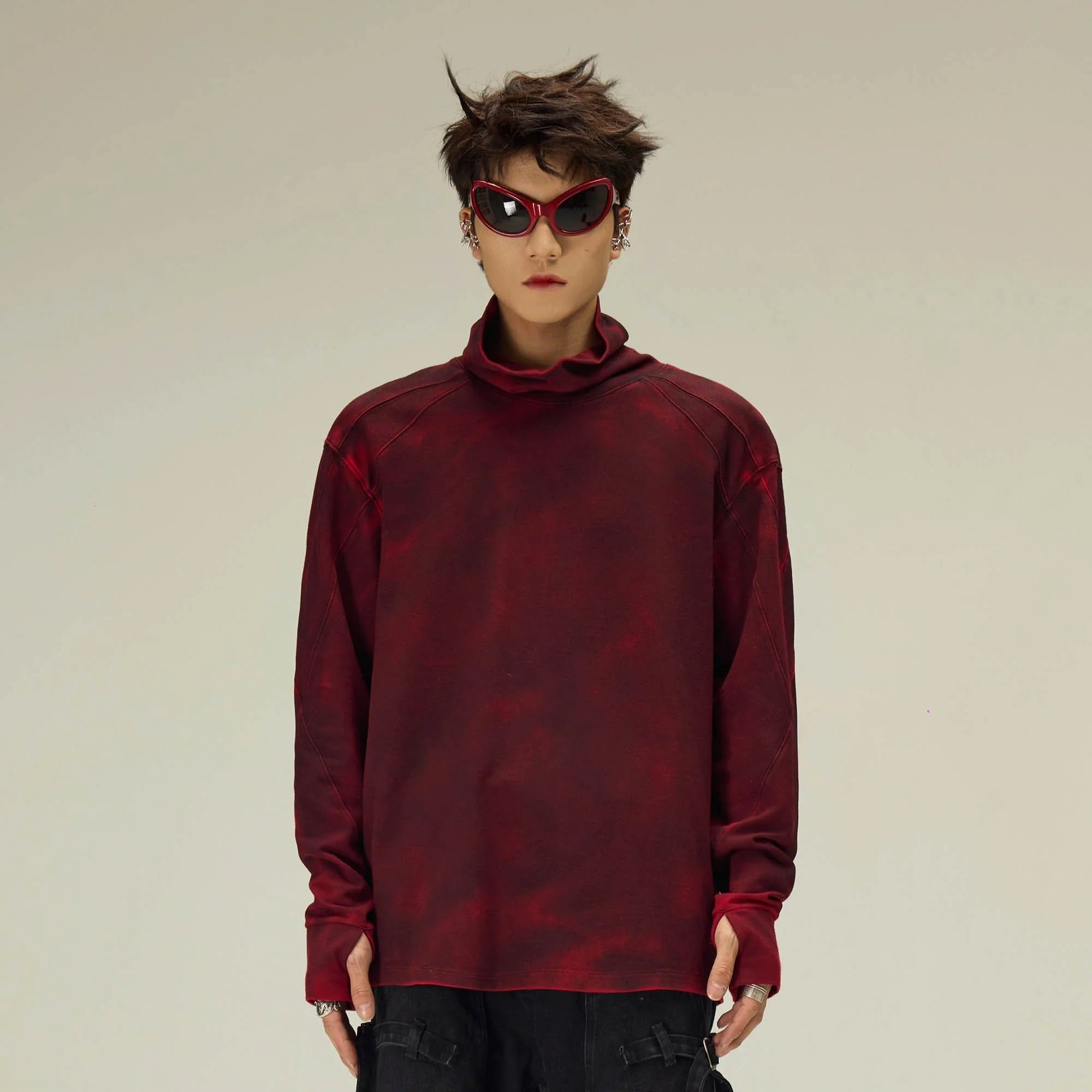 FLYERRER Distressed High-Neck Spliced Long-Sleeve Tee