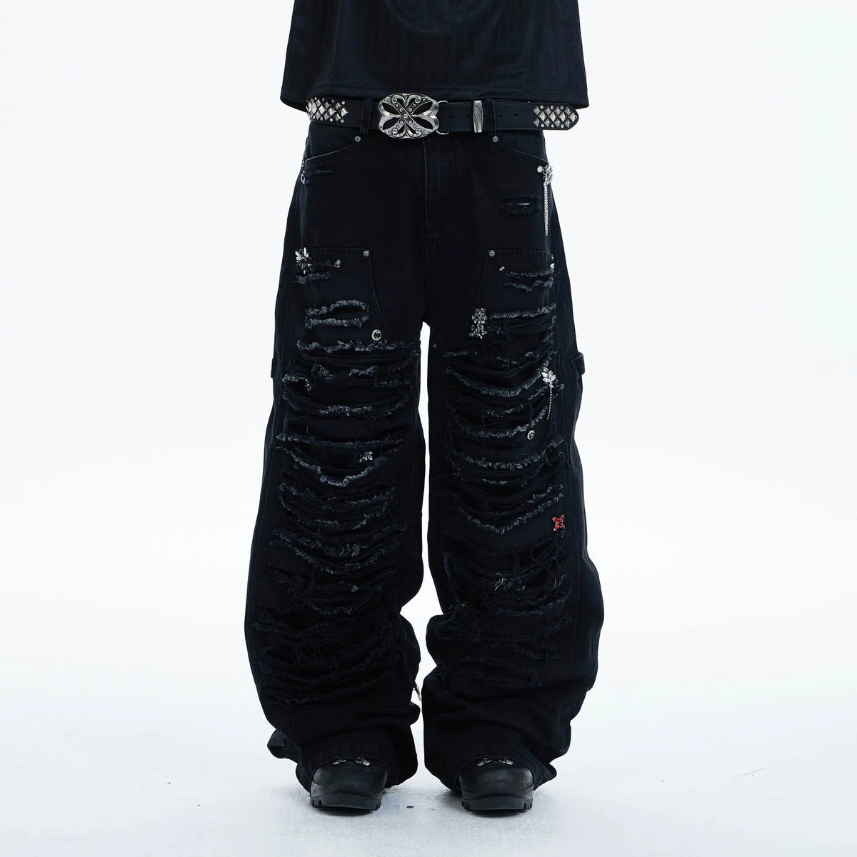 DND4DES Shredded Rivet-Paneled Baggy Jeans