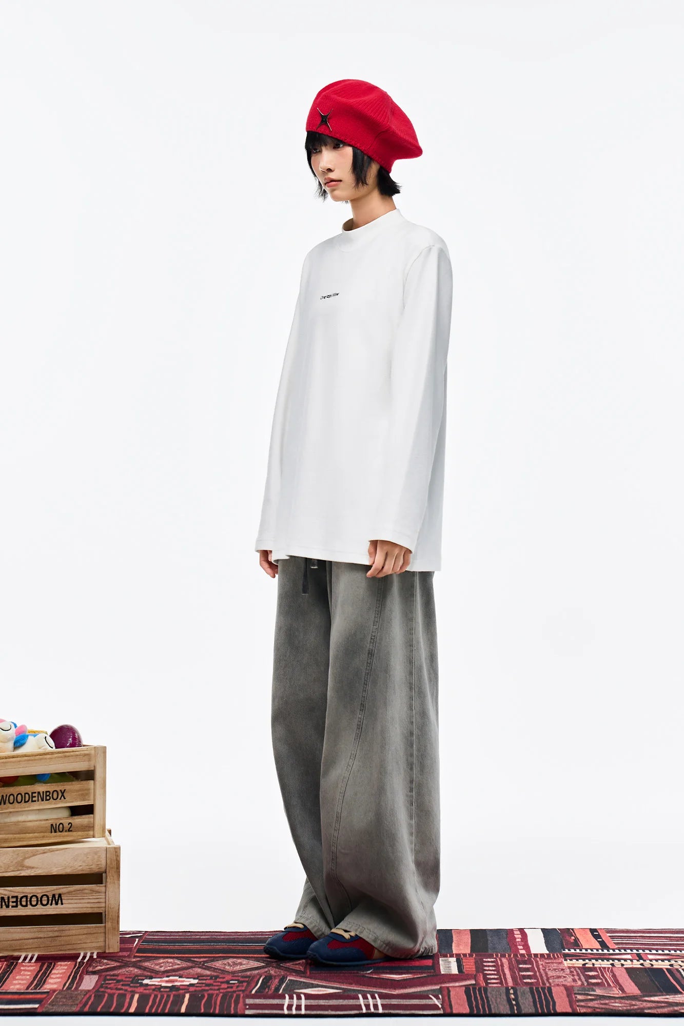 OVERLAPS Washed Drawstring Wide-Leg Jeans