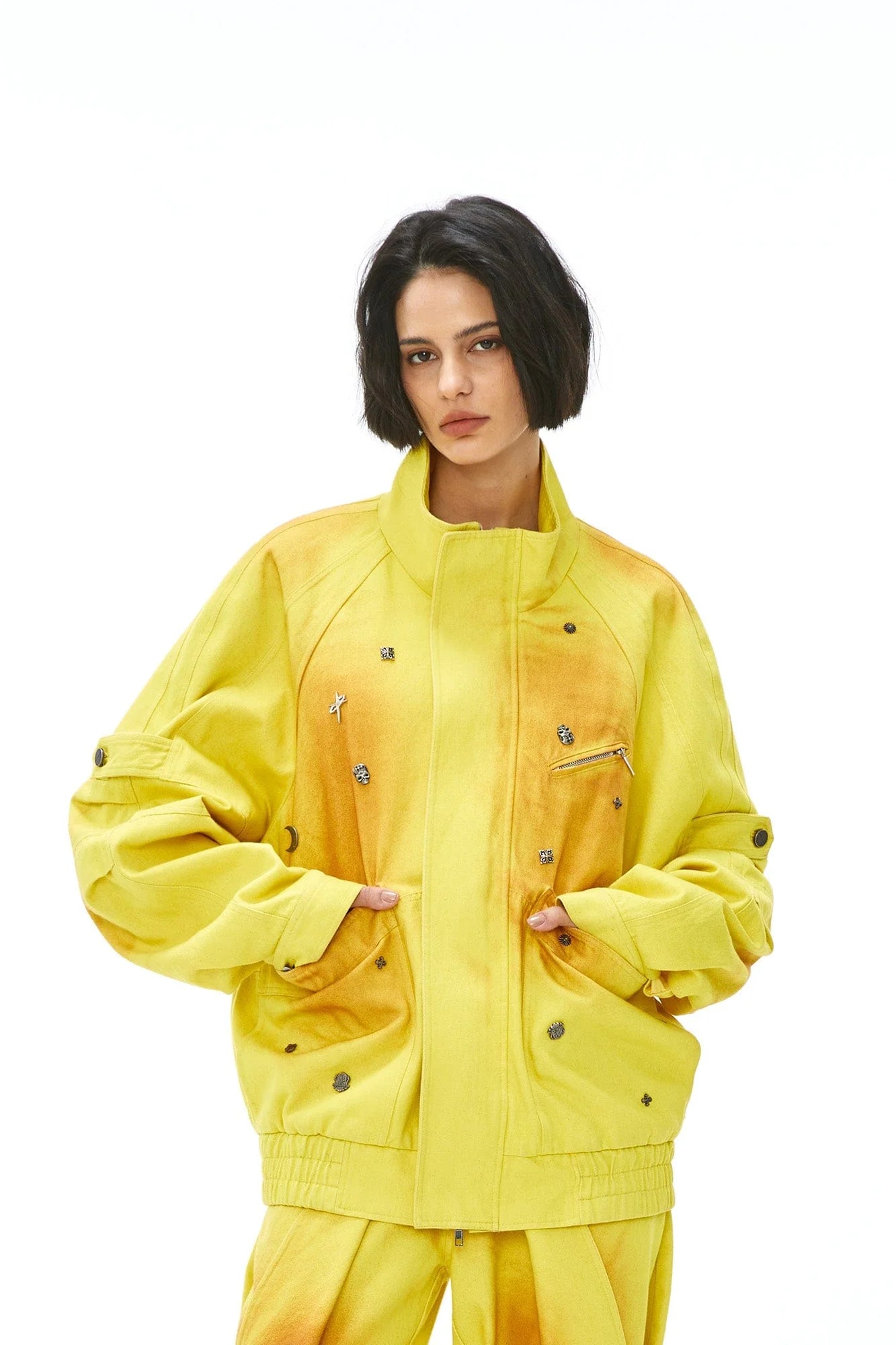VANN VALRENCE Studded Gradient Stand Collar Oversized Jacket