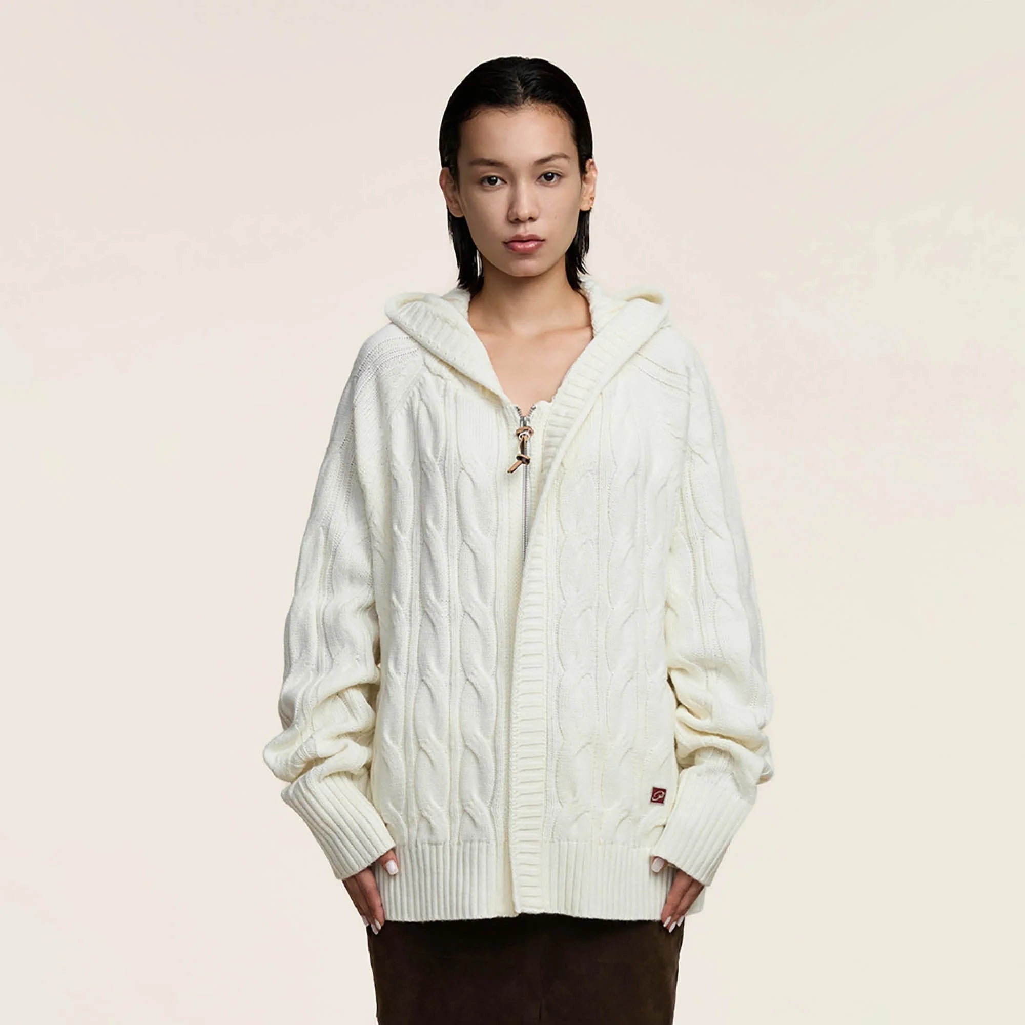 OPICLOTH Cable-Knit Zip-Up Hooded Cardigan
