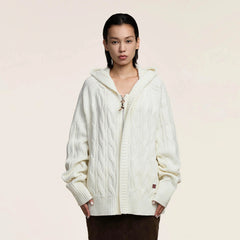 OPICLOTH Cable-Knit Zip-Up Hooded Cardigan