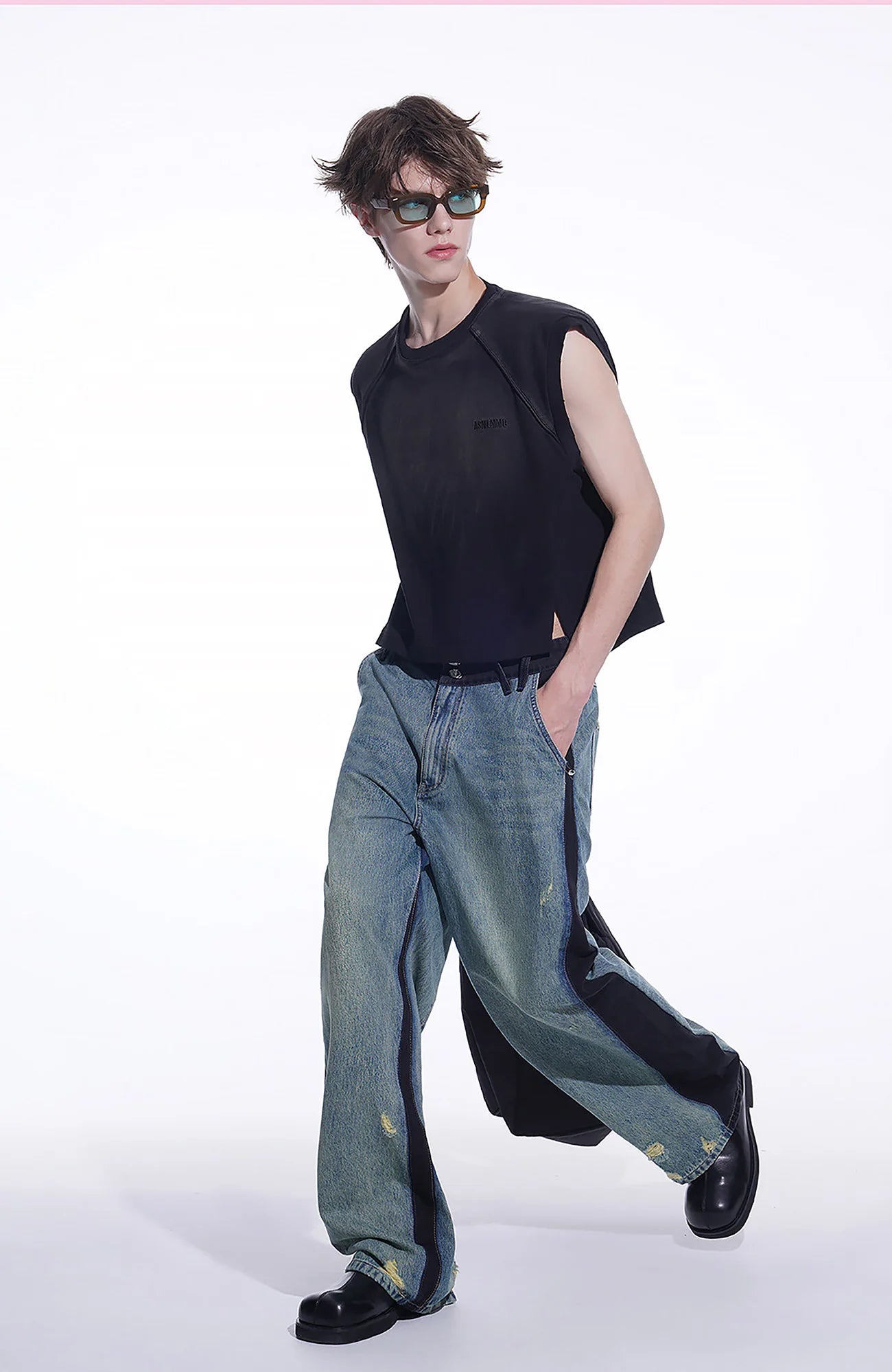 TIWILLTANG Distressed Contrast Paneled Wide-Leg Jeans