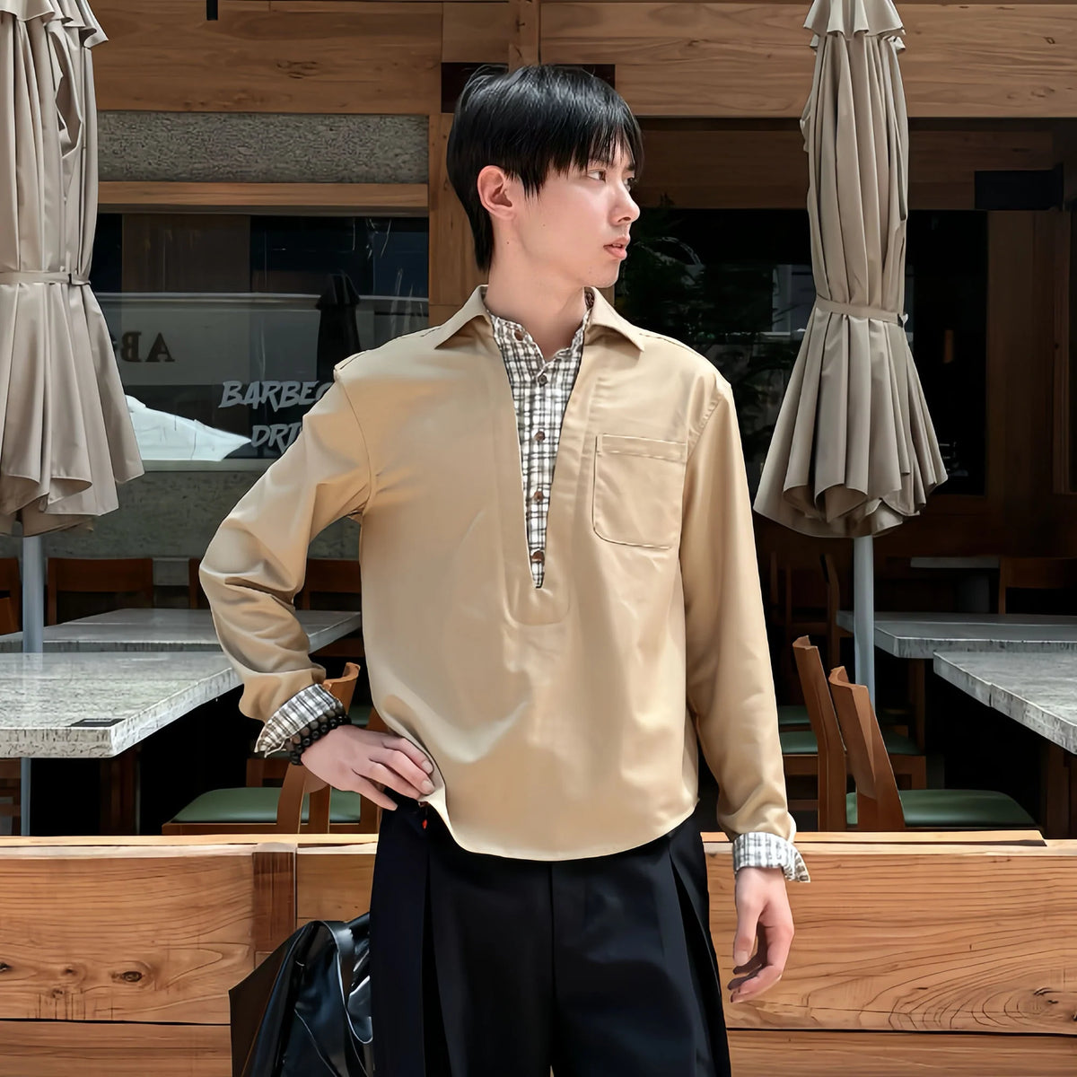 KREATE Faux Layered Plaid V-Neck Shirt