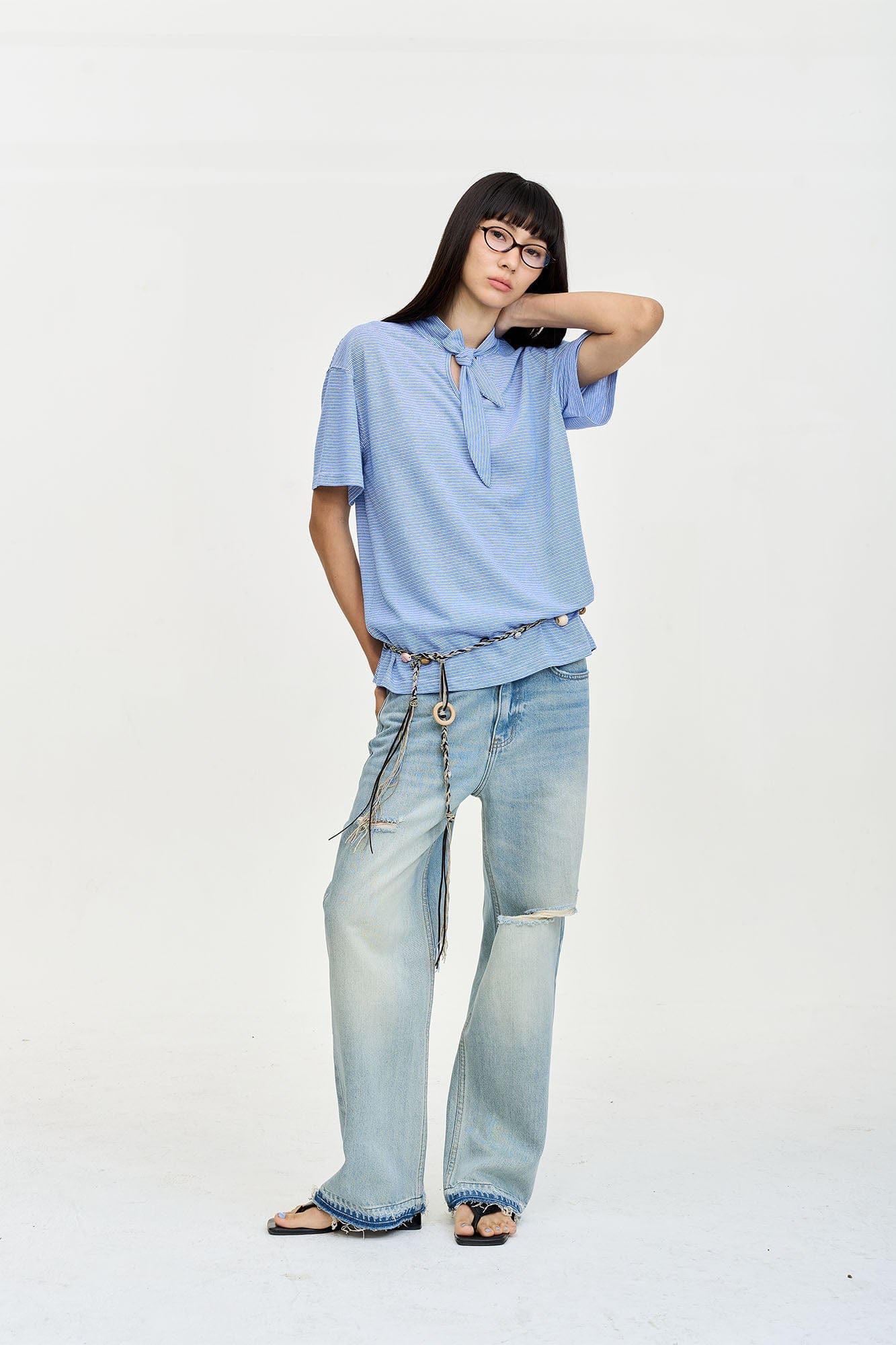 LEONSENSE Washed Ripped Frayed Straight-Leg Jeans