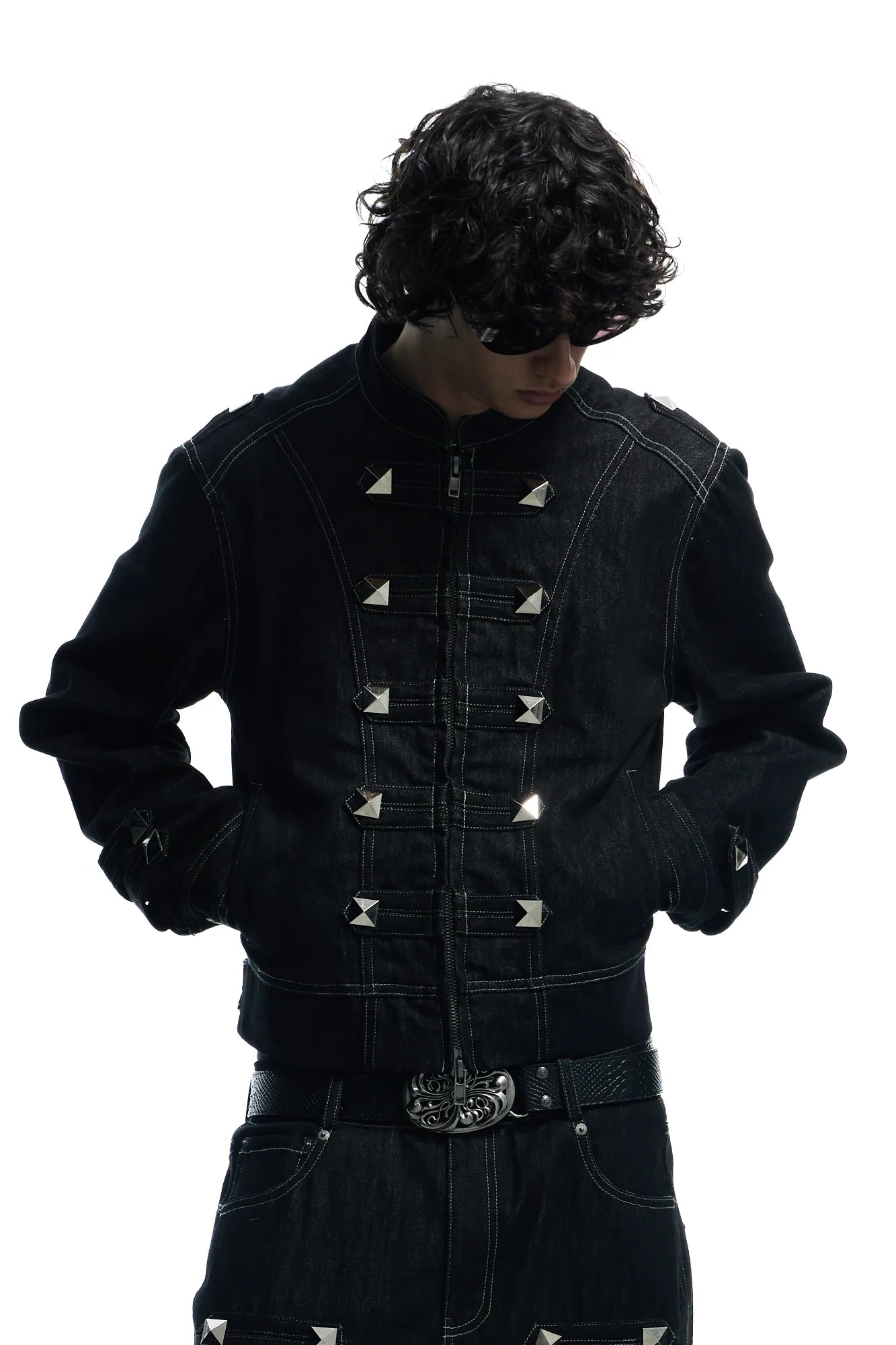 DND4DES Studded Stand Collar Raw Denim Jacket