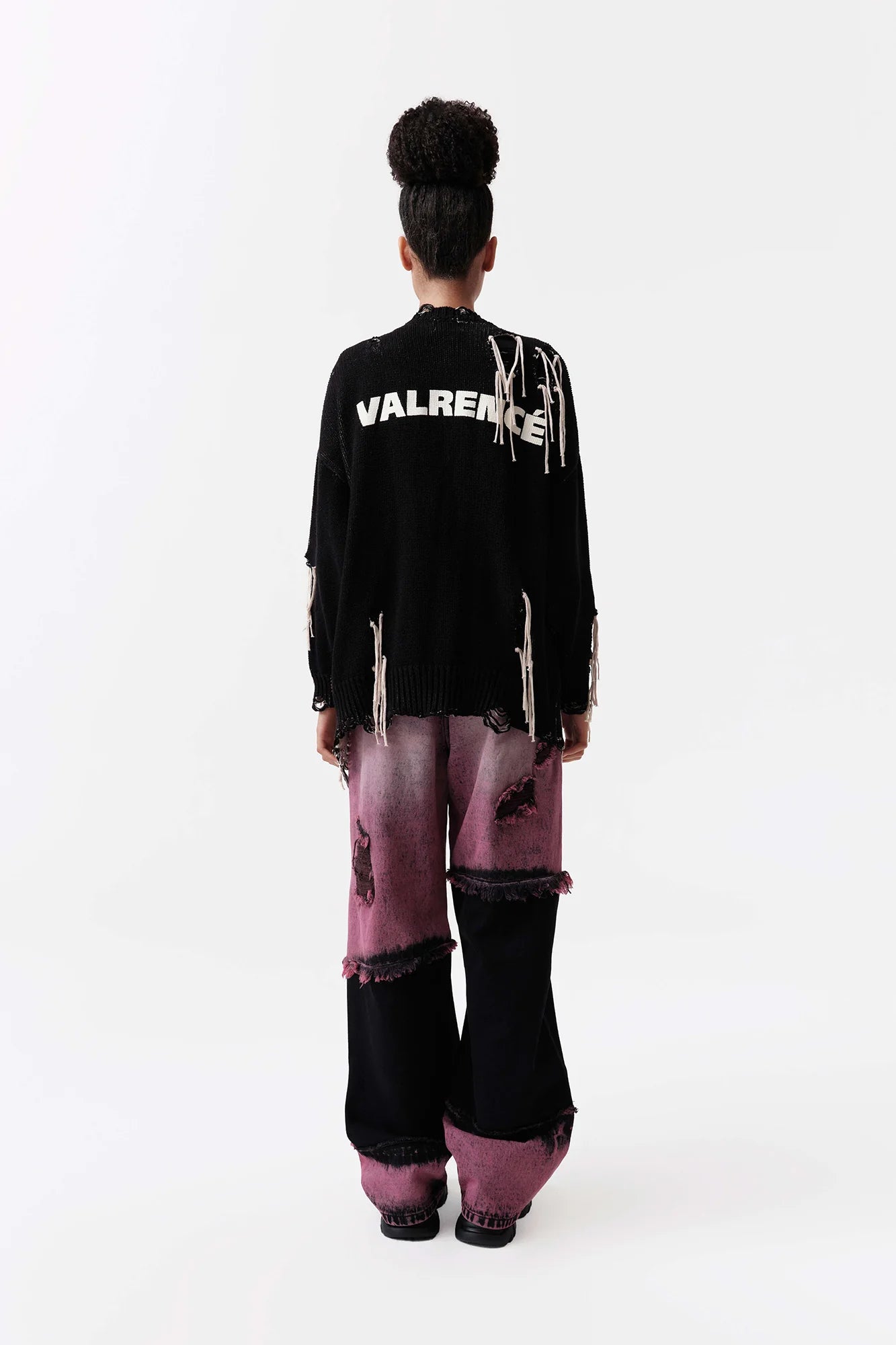 VANN VALRENCE Distressed Frayed Spray V-Neck Cardigan