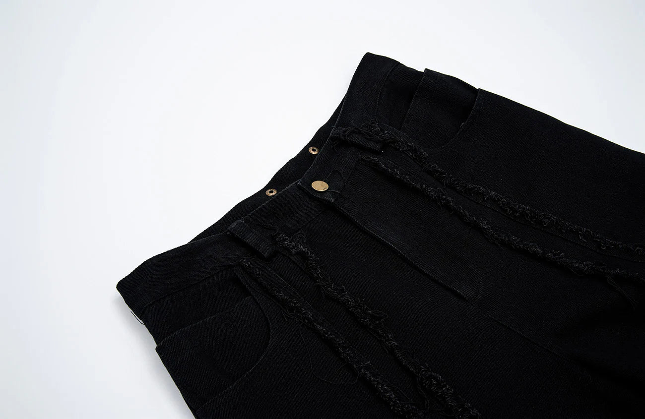 MOGONGSHE Detachable PU Drape  Frayed Cross Jeans
