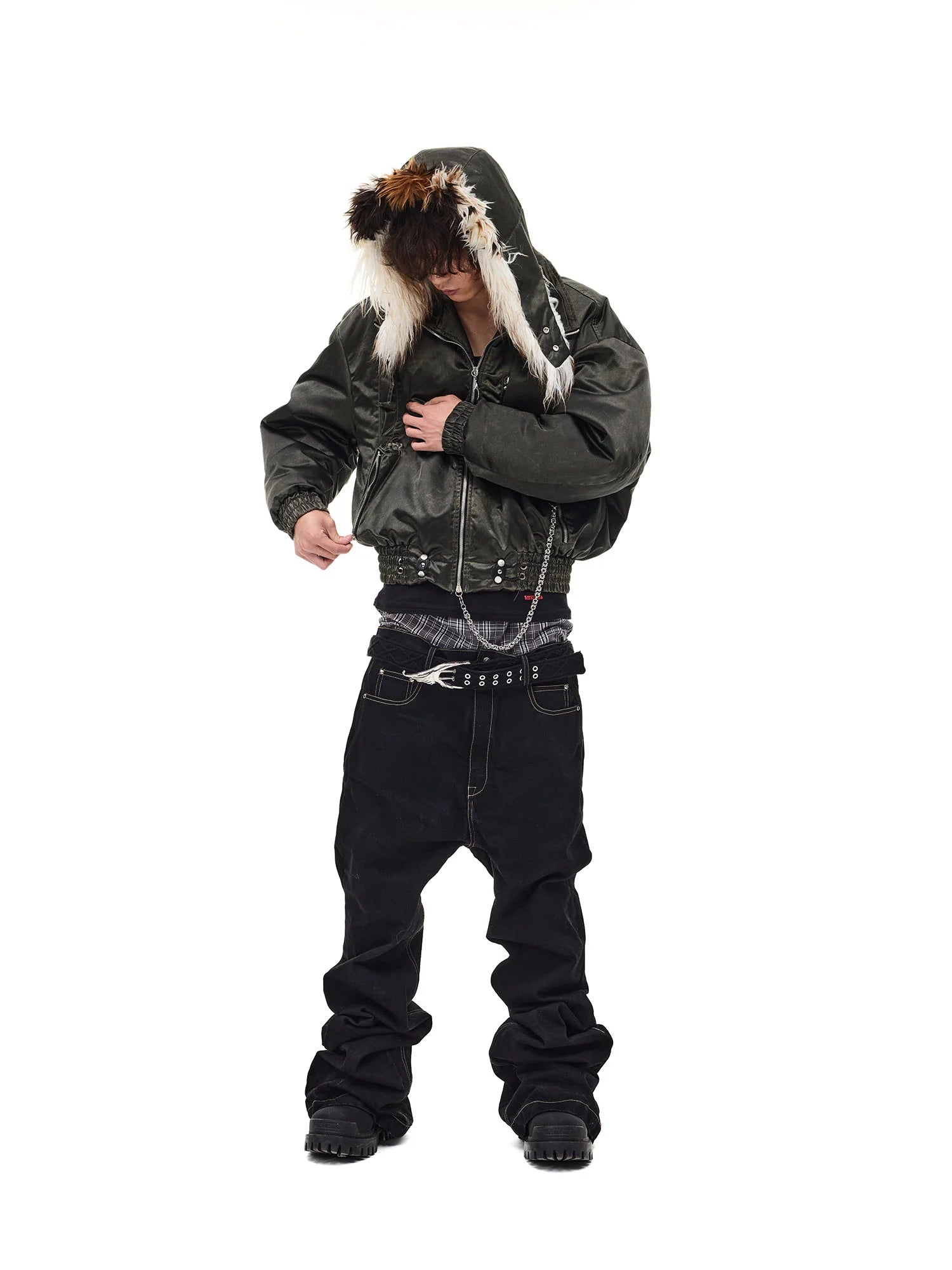 WHISTLEHUNTER Detachable Faux-Fur Hooded Bomber Jacket