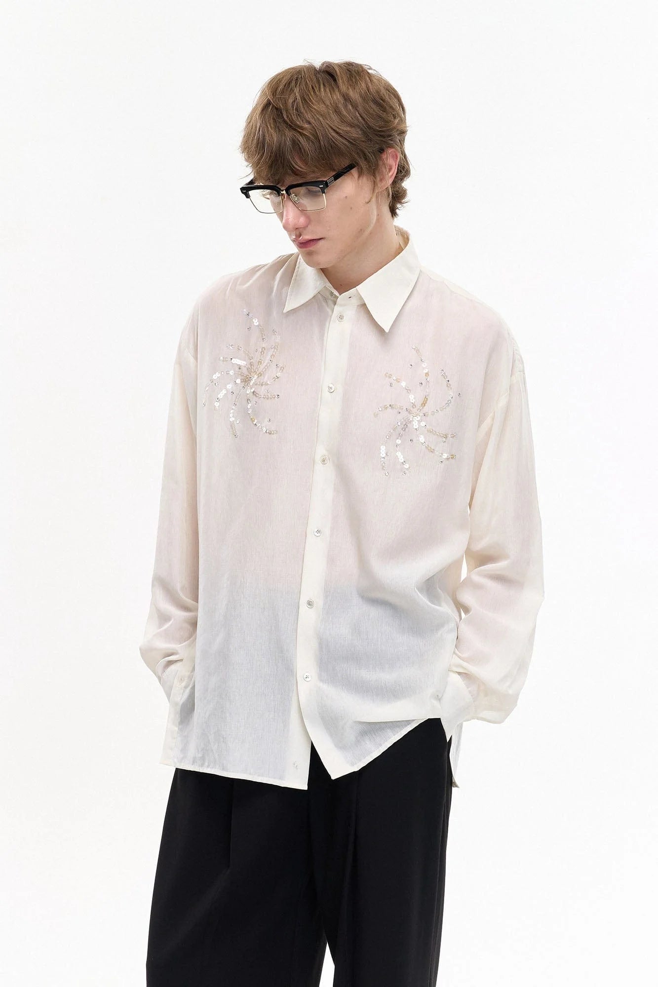 LEONSENSE Firework Embroidered Sequin Sheer Tencel Shirt